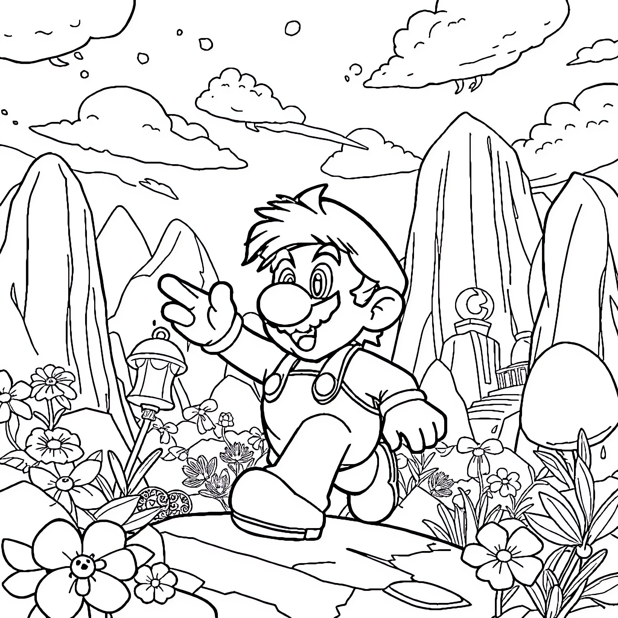 Mario exploring the scenic landscape Coloring Page (free black-and-white line drawing printable PDF for all, from beginners to advanced learners, including children, teens, adults, and seniors)