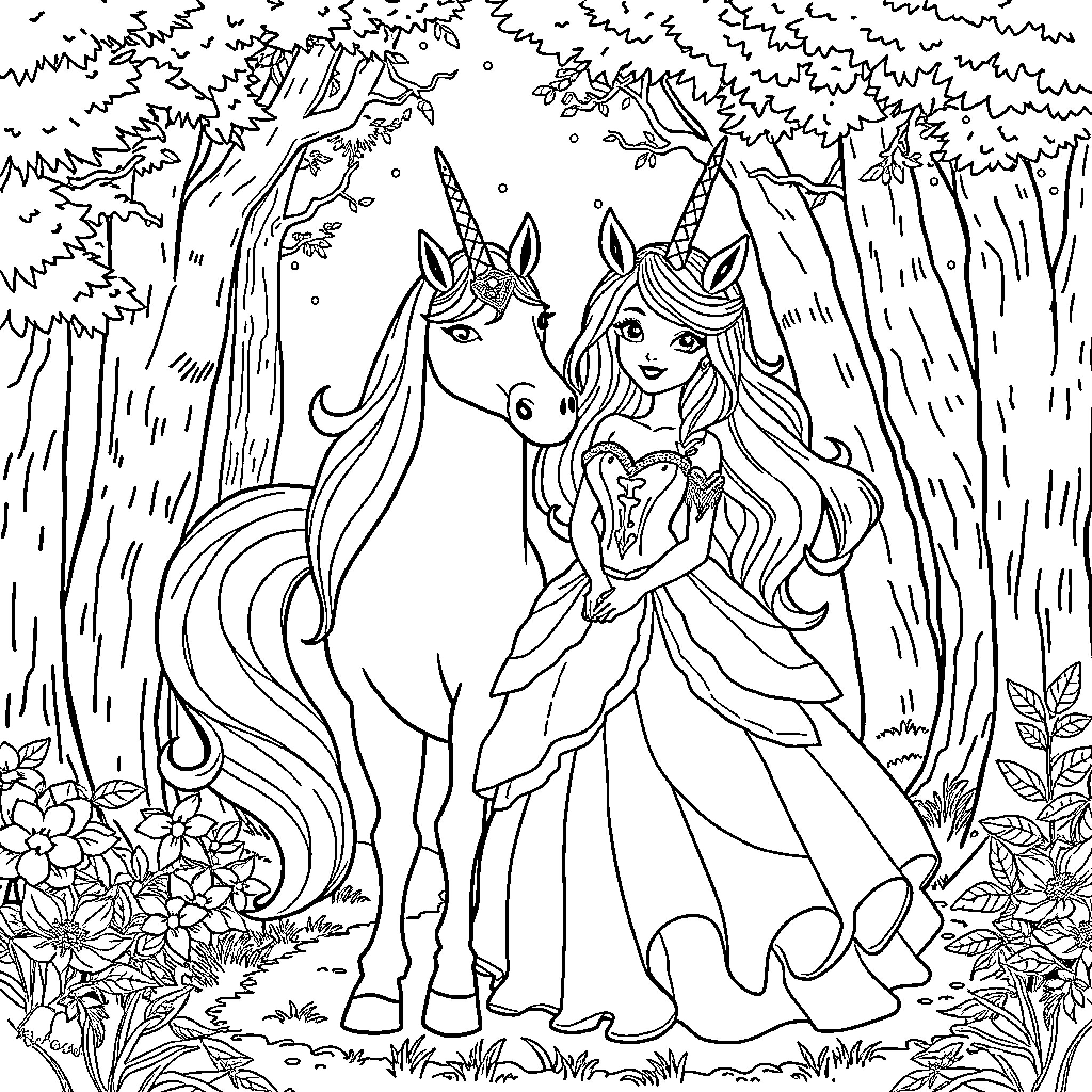 Unicorn and Princess in Enchanted Forest Coloring Page (free black-and-white line drawing printable PDF for all, from beginners to advanced learners, including children, teens, adults, and seniors)