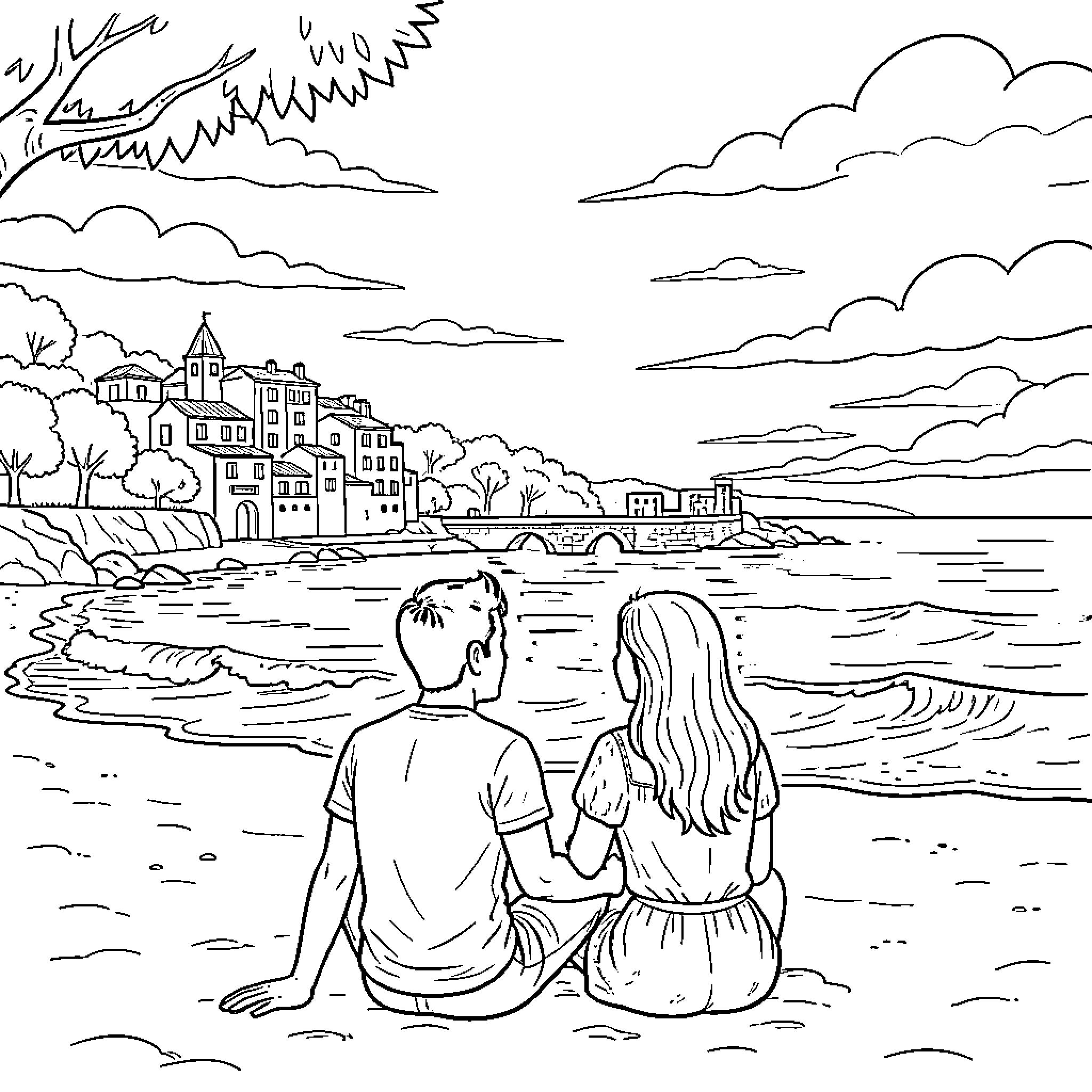 Enamorados enjoying a scenic seaside view Coloring Page (free black-and-white line drawing printable PDF for all, from beginners to advanced learners, including children, teens, adults, and seniors)