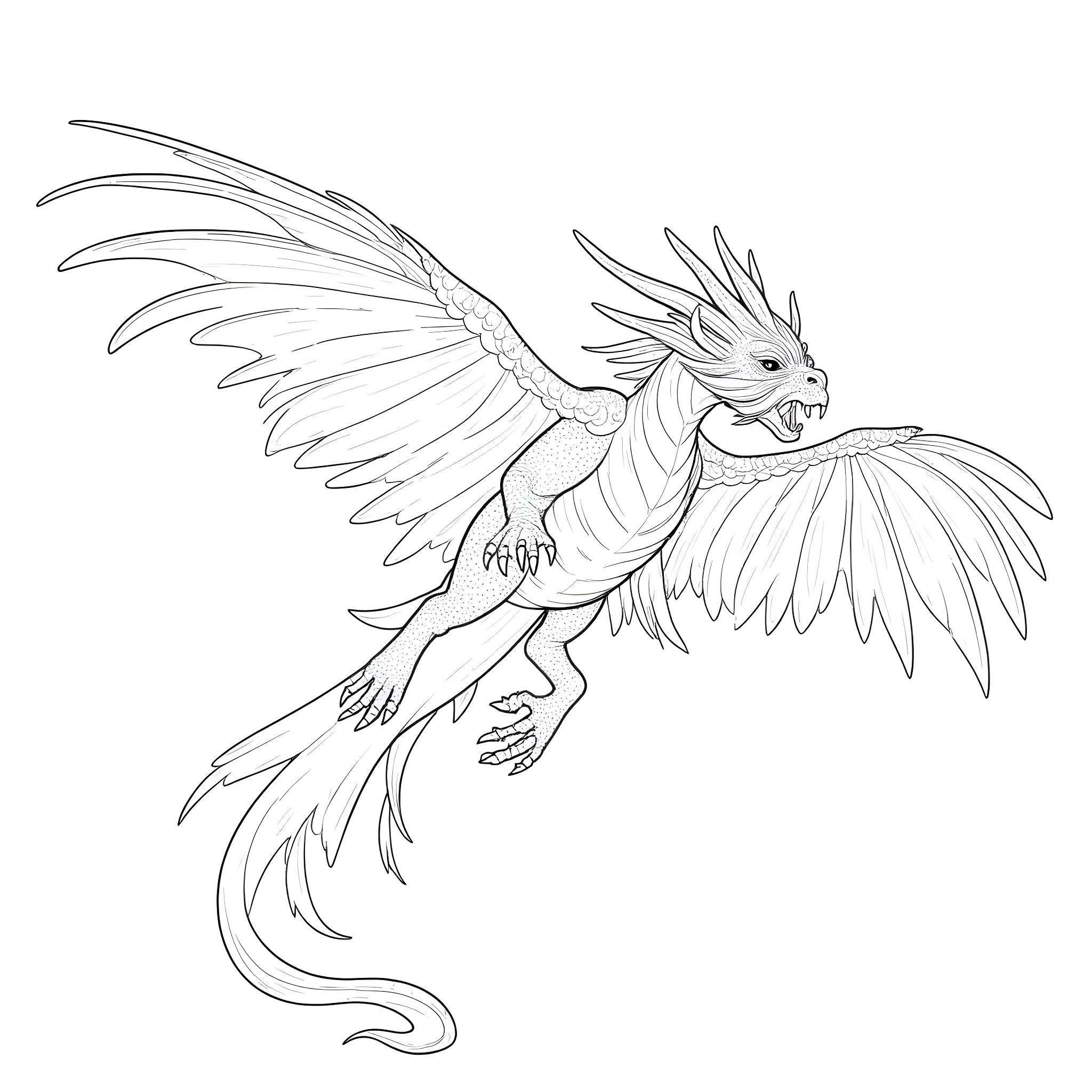Dracthyr in flight with outstretched wings Coloring Page (free black-and-white line drawing printable PDF for all, from beginners to advanced learners, including children, teens, adults, and seniors)