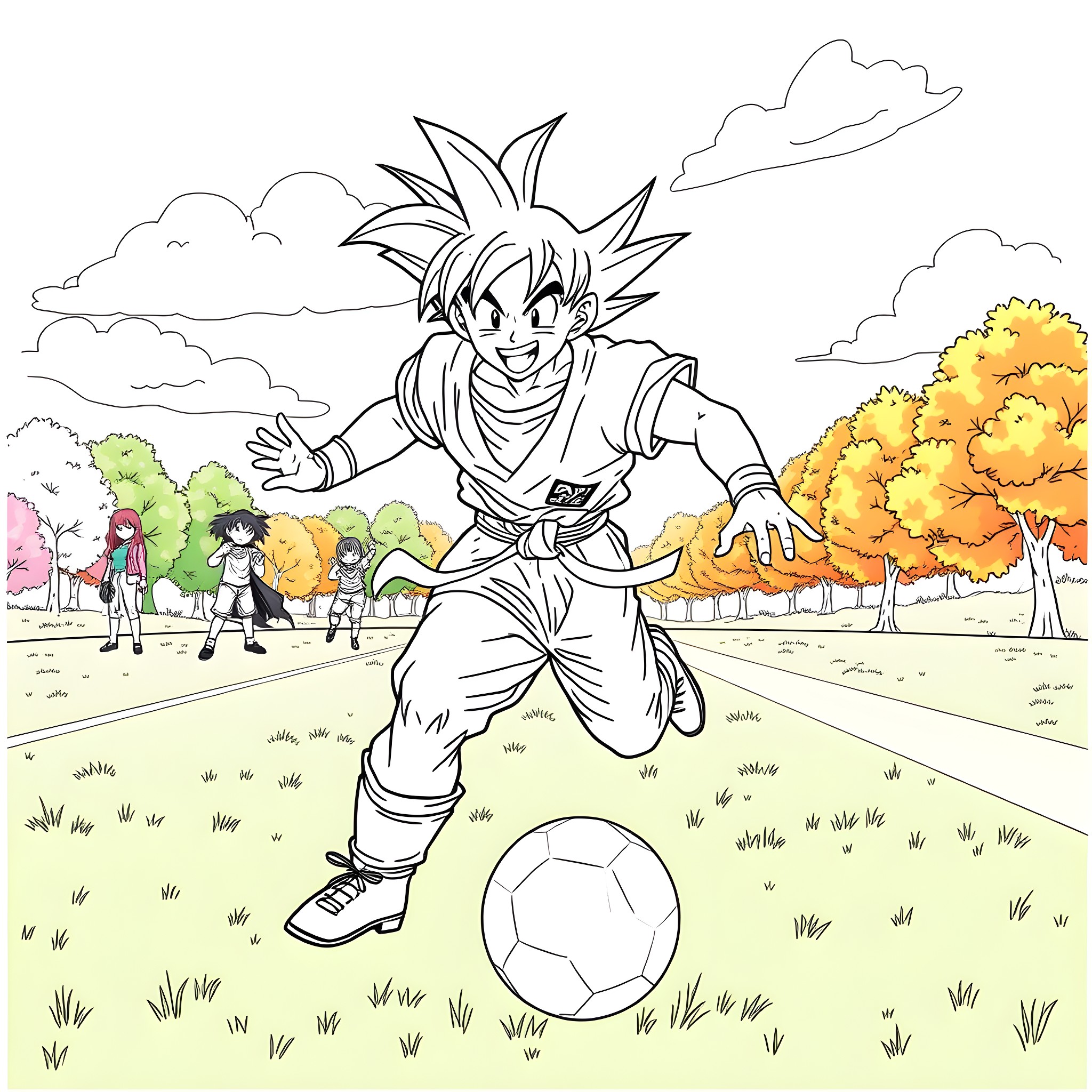 Goku playing soccer in an autumn field Coloring Page (free black-and-white line drawing printable PDF for all, from beginners to advanced learners, including children, teens, adults, and seniors)