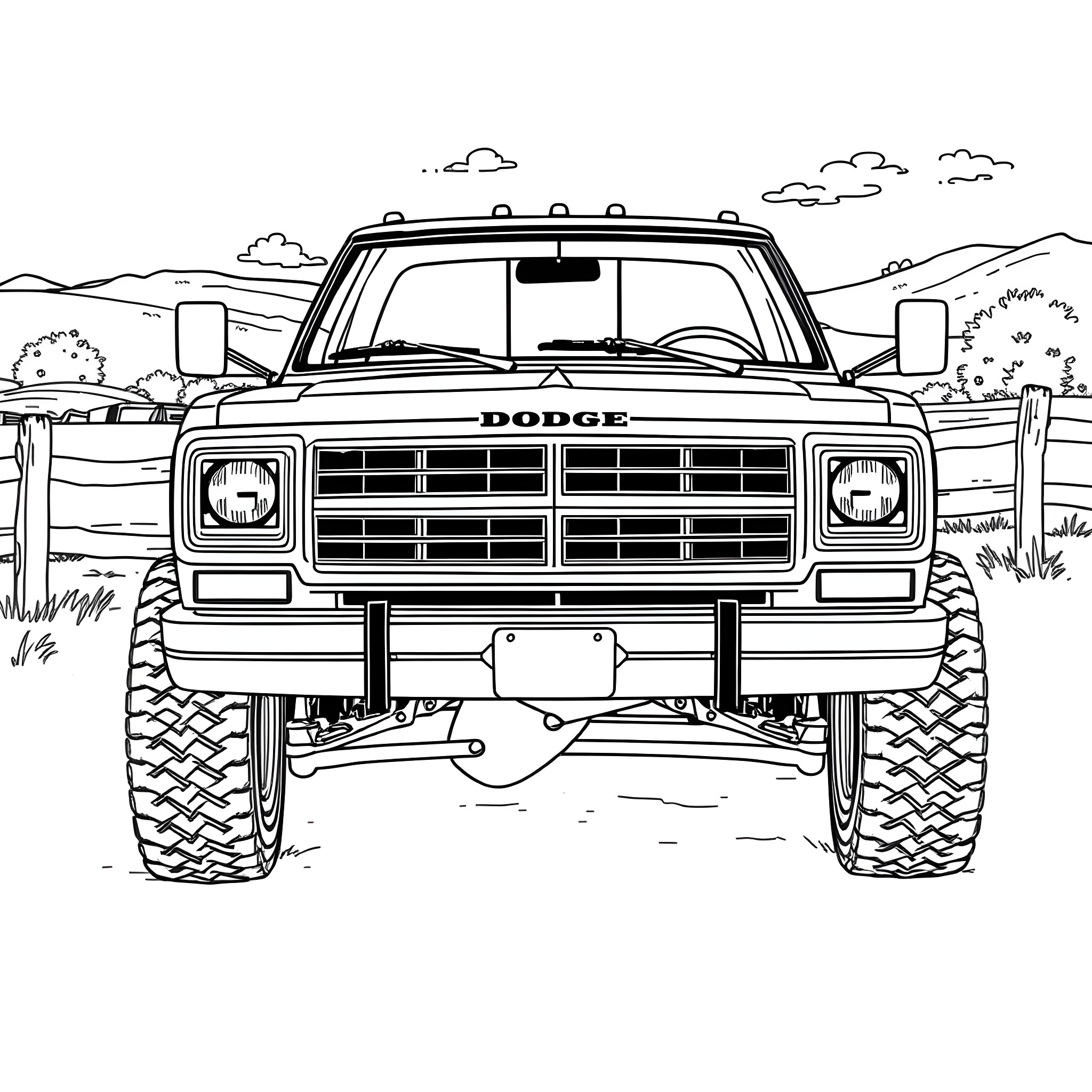 Dodge Dually truck traversing off-road landscape Coloring Page (free black-and-white line drawing printable PDF for all, from beginners to advanced learners, including children, teens, adults, and seniors)