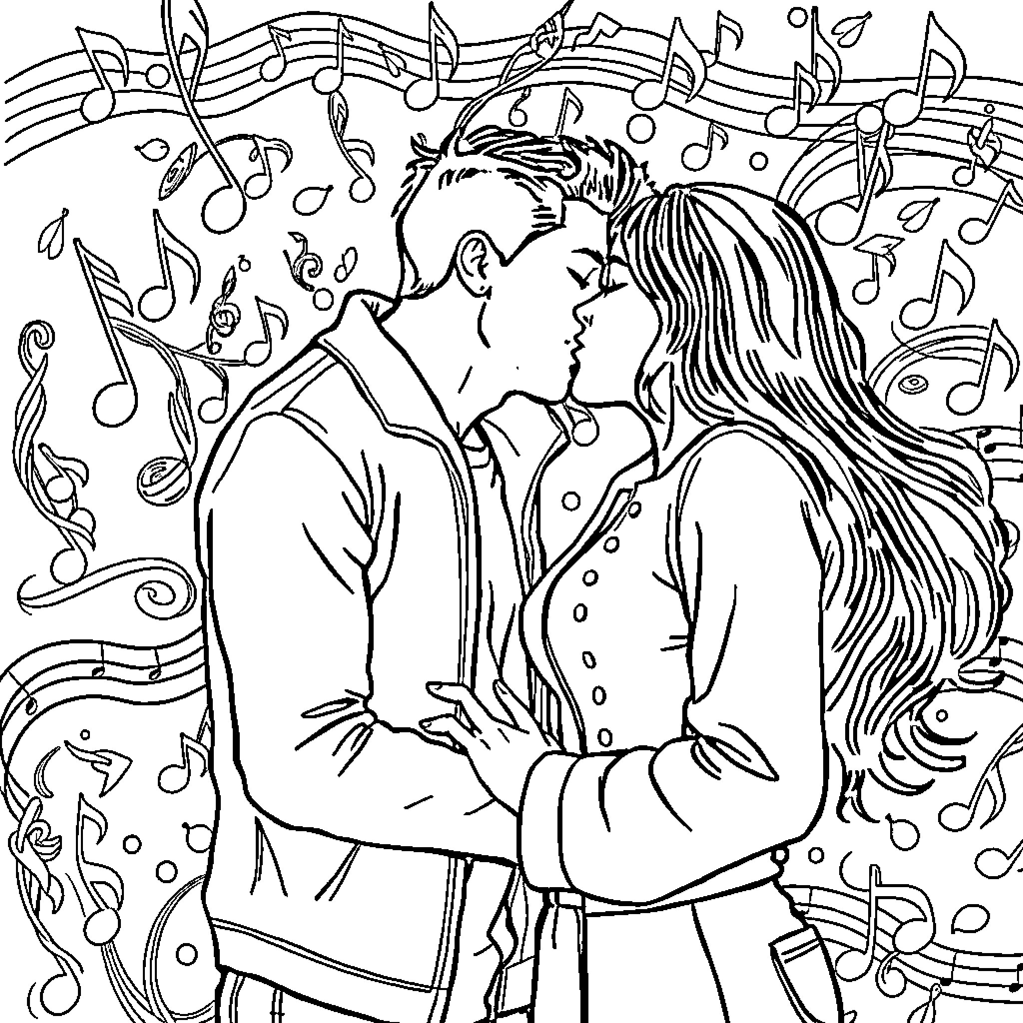 Boyfriend Sharing a Tender Moment with His Partner Coloring Page (free black-and-white line drawing printable PDF for all, from beginners to advanced learners, including children, teens, adults, and seniors)
