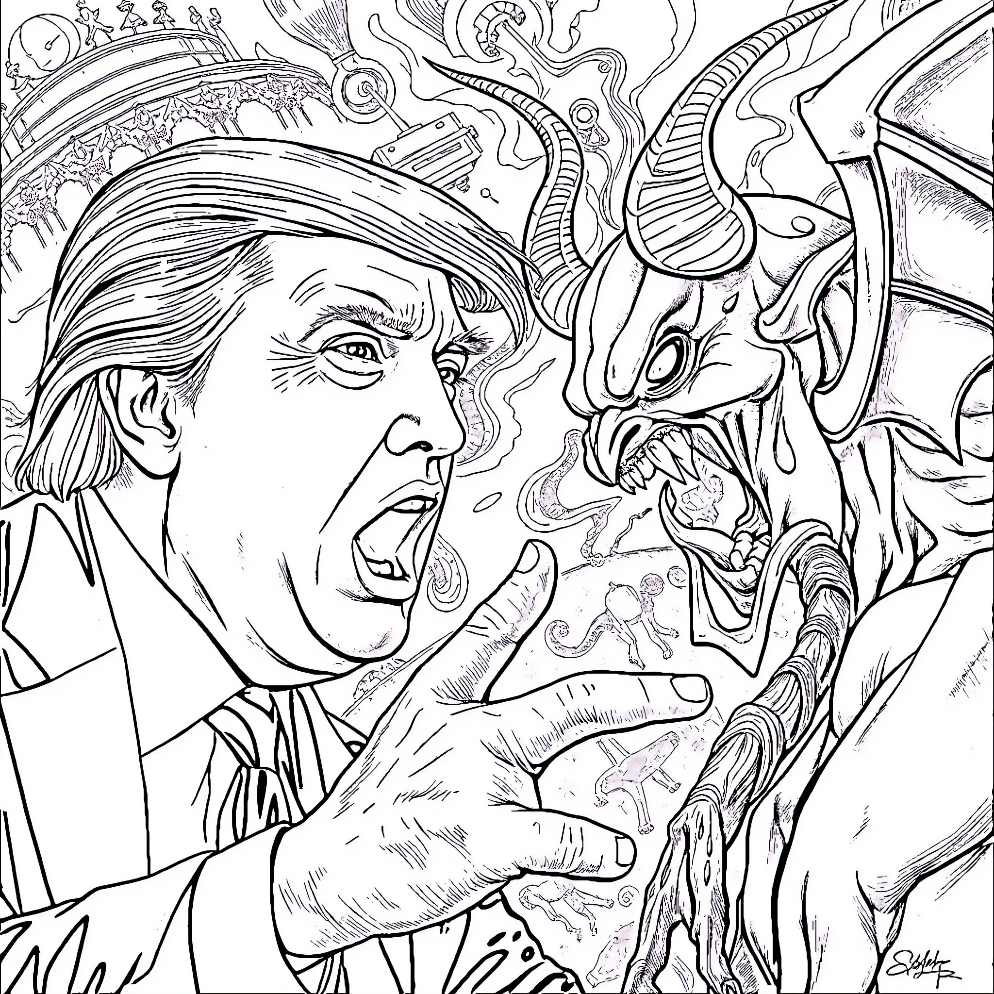 Trump Expressing Distress in Surreal Landscape Coloring Page (free black-and-white line drawing printable PDF for all, from beginners to advanced learners, including children, teens, adults, and seniors)