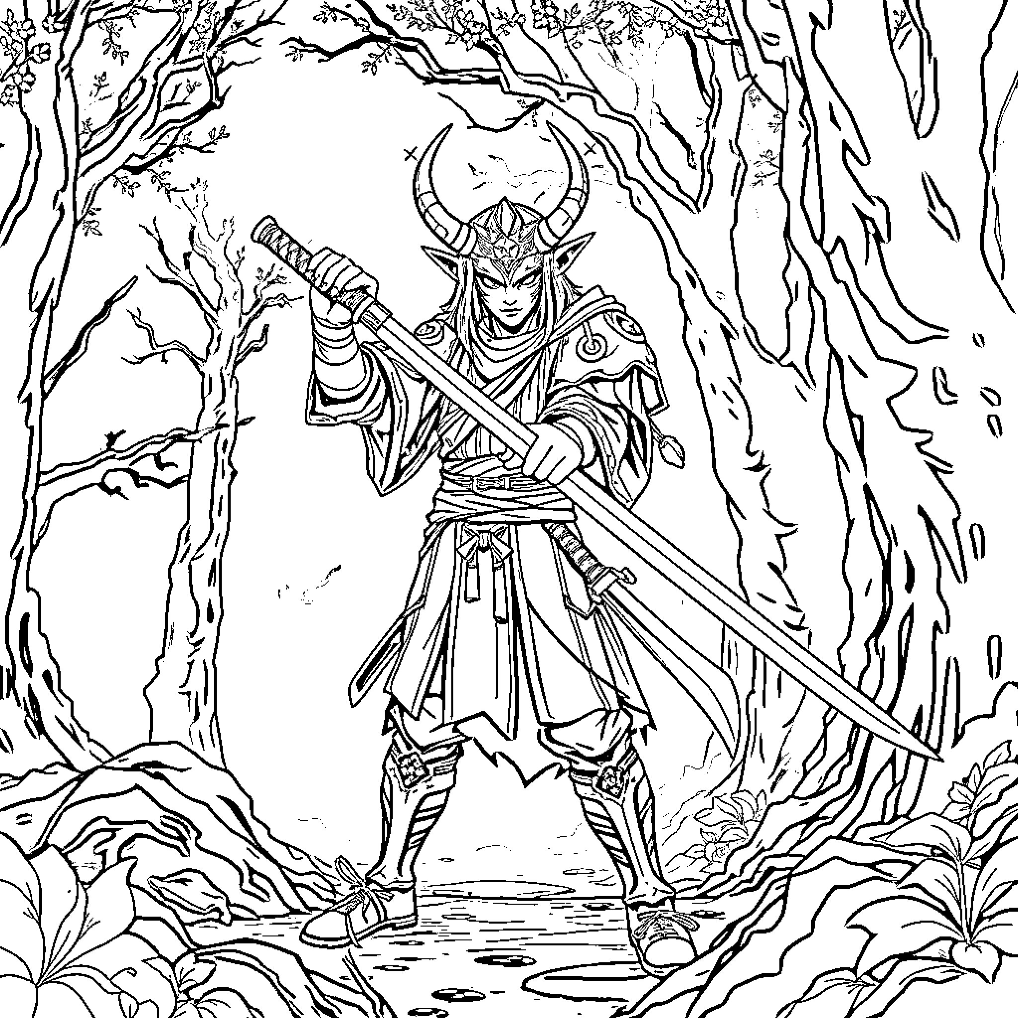 Demon Slayer Warrior Wielding Sword in Mystical Forest Coloring Page (free black-and-white line drawing printable PDF for all, from beginners to advanced learners, including children, teens, adults, and seniors)