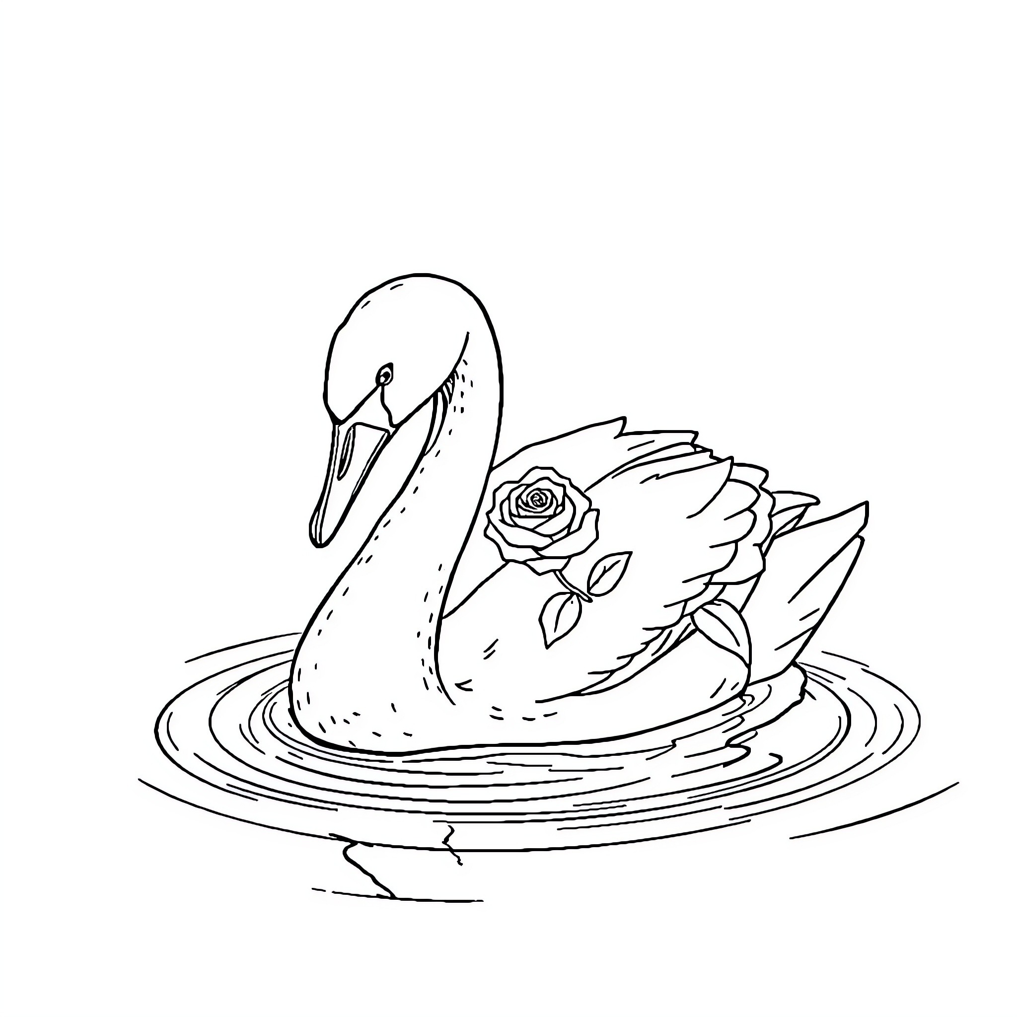 Swan floating gracefully with a rose Coloring Page (free black-and-white line drawing printable PDF for all, from beginners to advanced learners, including children, teens, adults, and seniors)