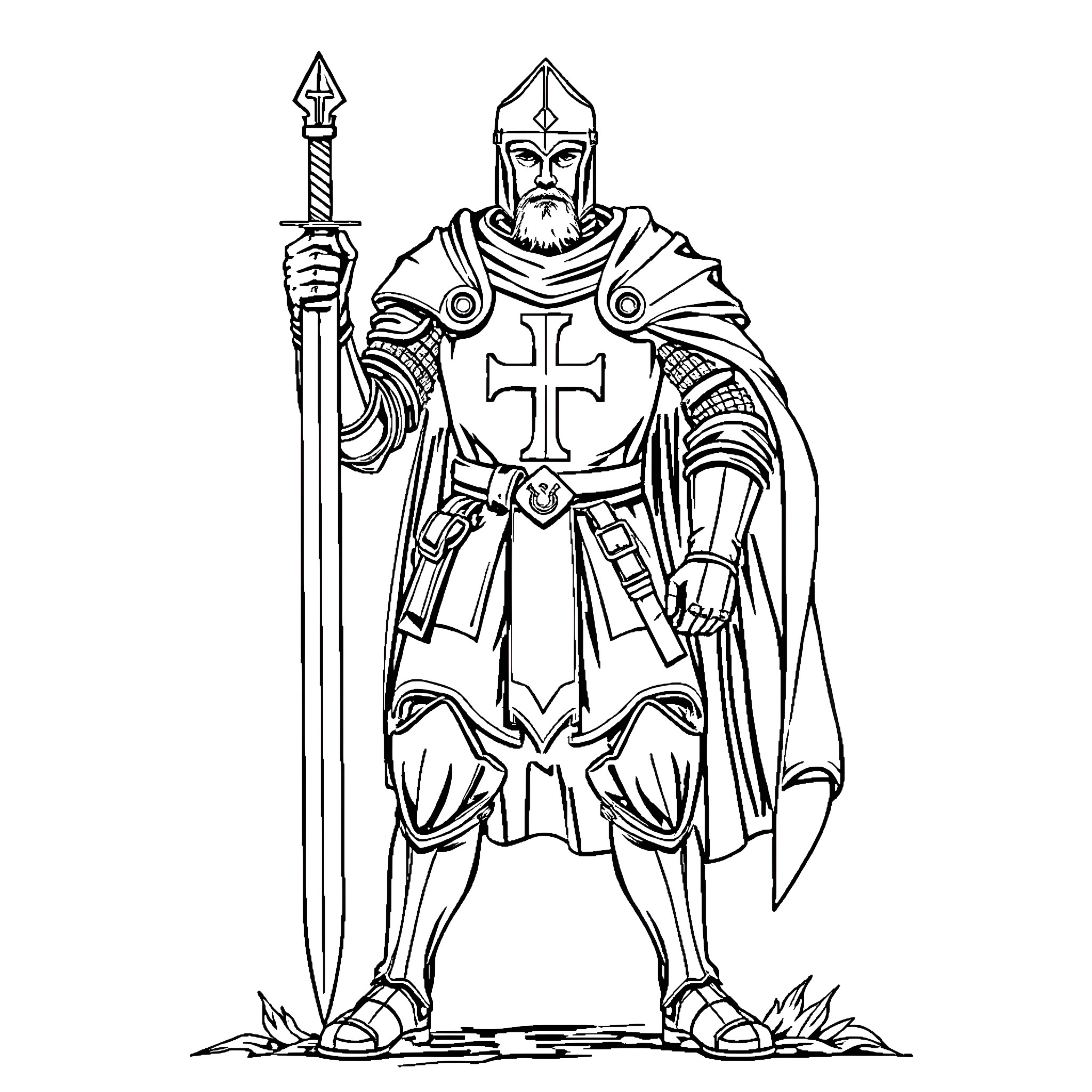 Knight in Shining Armor Holding Sword and Shield Coloring Page (free black-and-white line drawing printable PDF for all, from beginners to advanced learners, including children, teens, adults, and seniors)