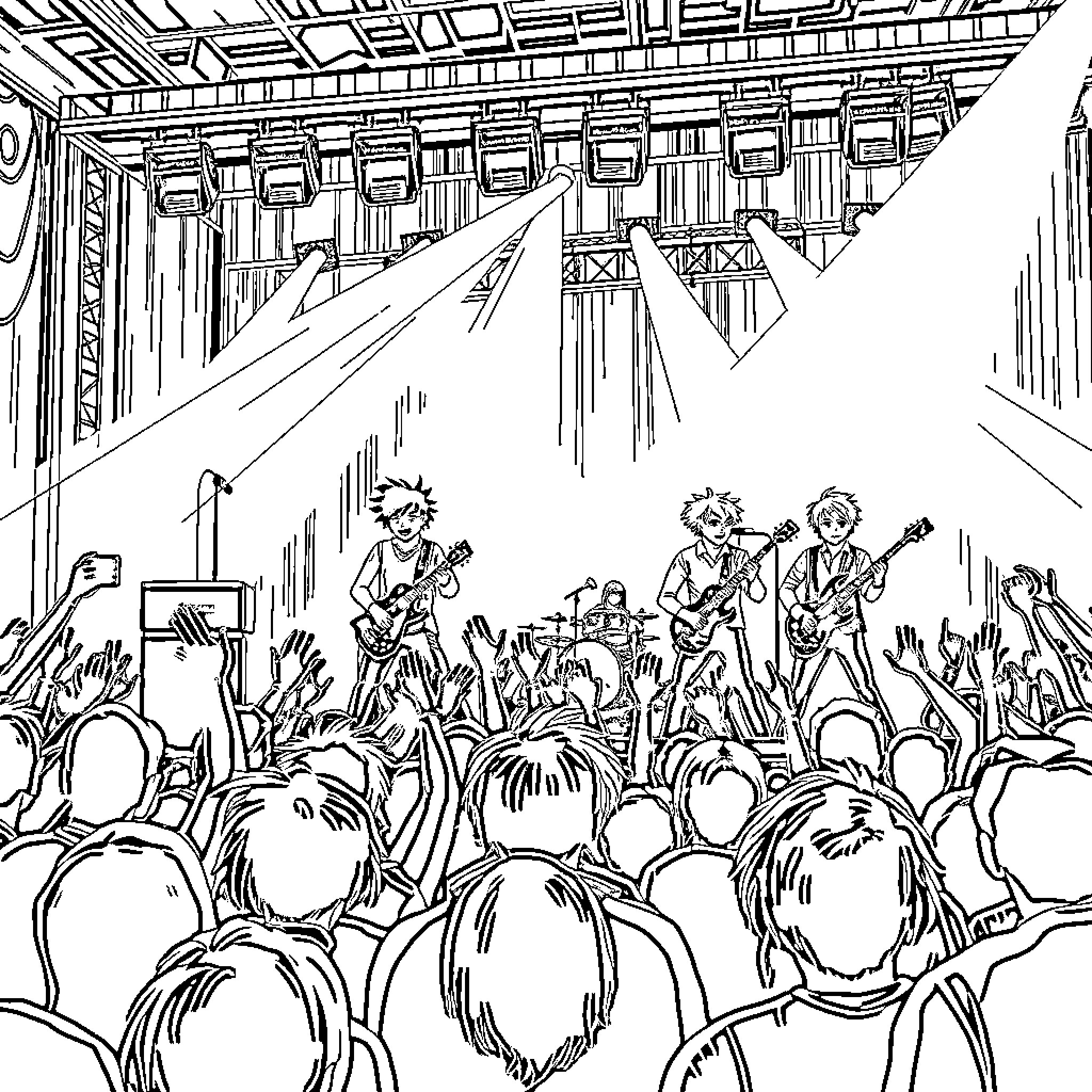 Stray Kids performing energetically on stage Coloring Page (free black-and-white line drawing printable PDF for all, from beginners to advanced learners, including children, teens, adults, and seniors)