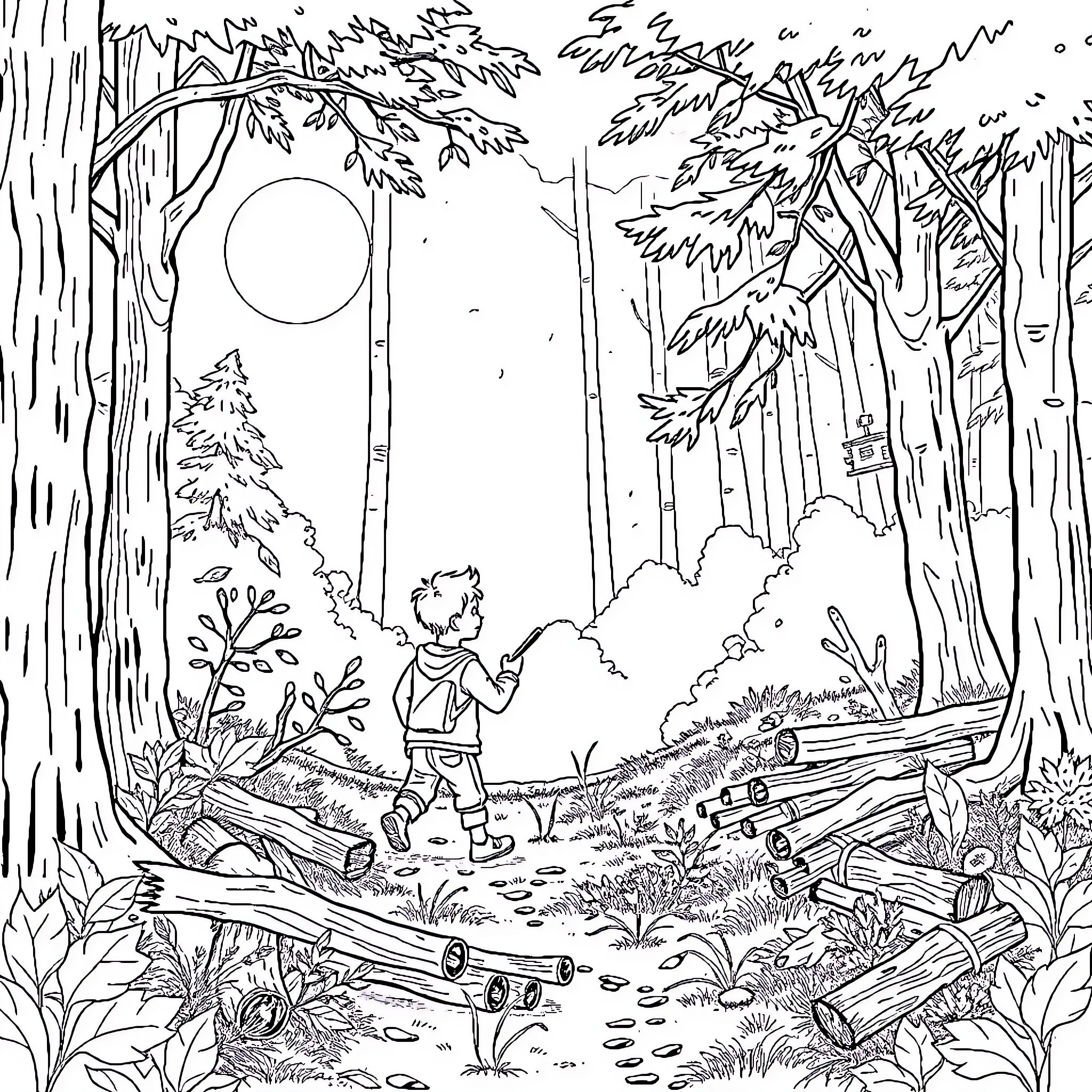 Father exploring the wondrous forest Coloring Page (free black-and-white line drawing printable PDF for all, from beginners to advanced learners, including children, teens, adults, and seniors)