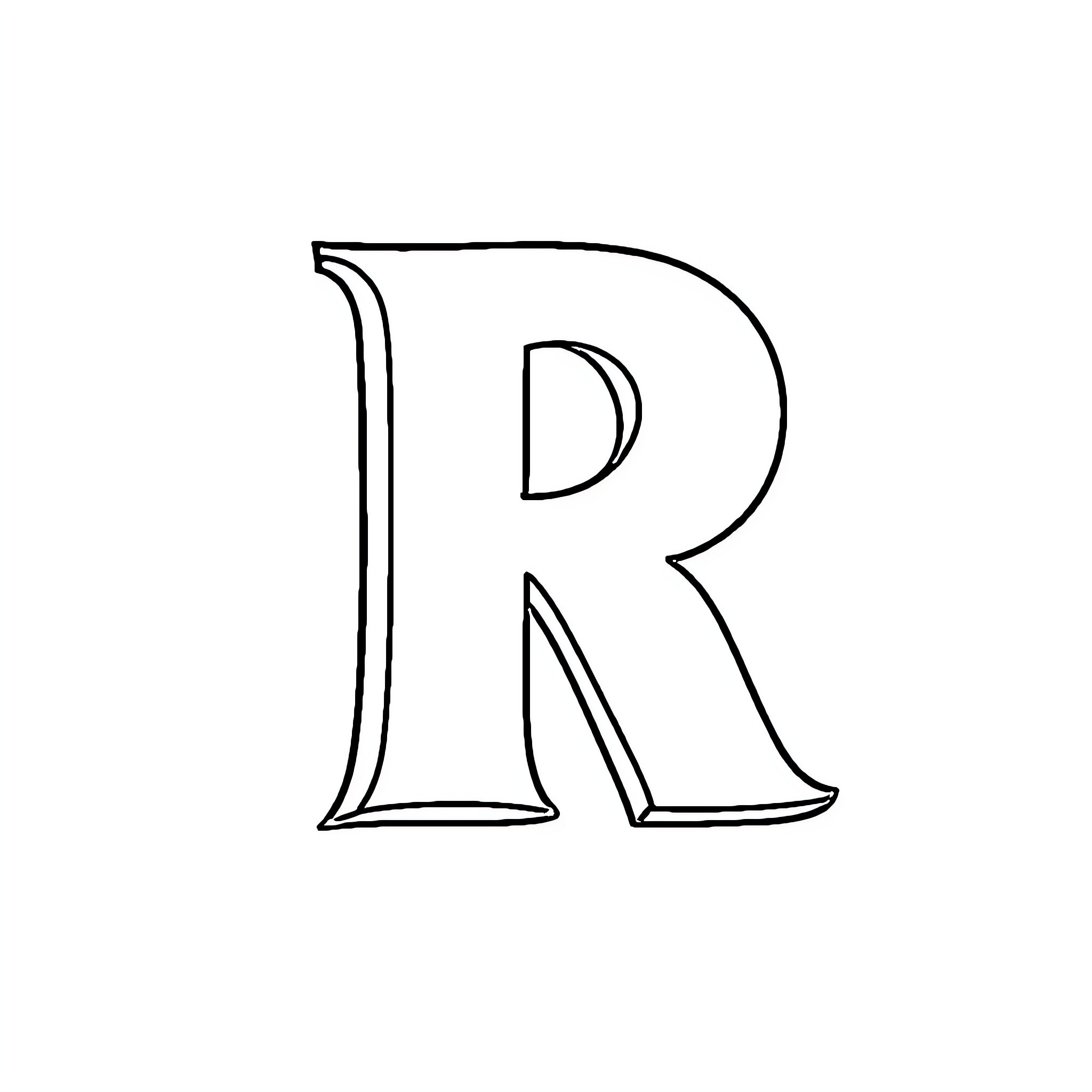 Reflective Render of the Letter R Coloring Page (free black-and-white line drawing printable PDF for all, from beginners to advanced learners, including children, teens, adults, and seniors)