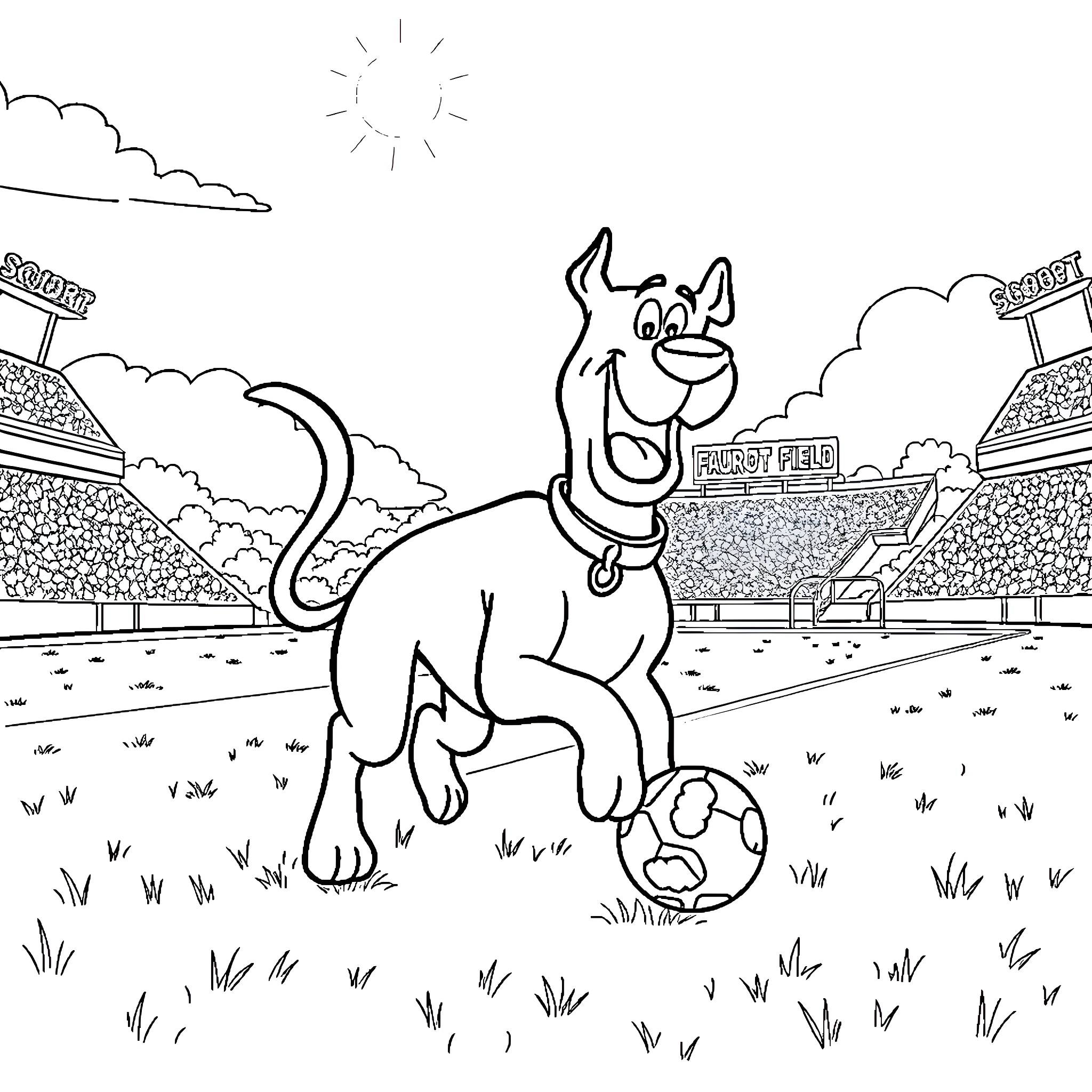 Scooby Doo playing soccer on the field Coloring Page (free black-and-white line drawing printable PDF for all, from beginners to advanced learners, including children, teens, adults, and seniors)