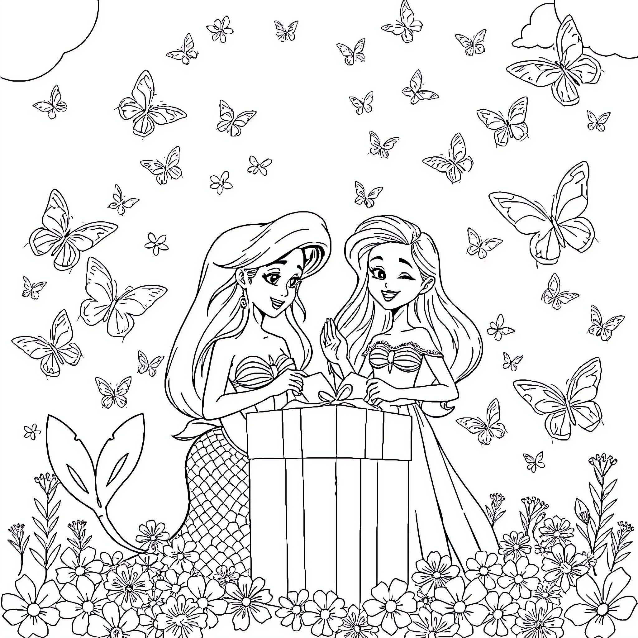 Ariel and Melody Explore the Underwater World Coloring Page (free black-and-white line drawing printable PDF for all, from beginners to advanced learners, including children, teens, adults, and seniors)