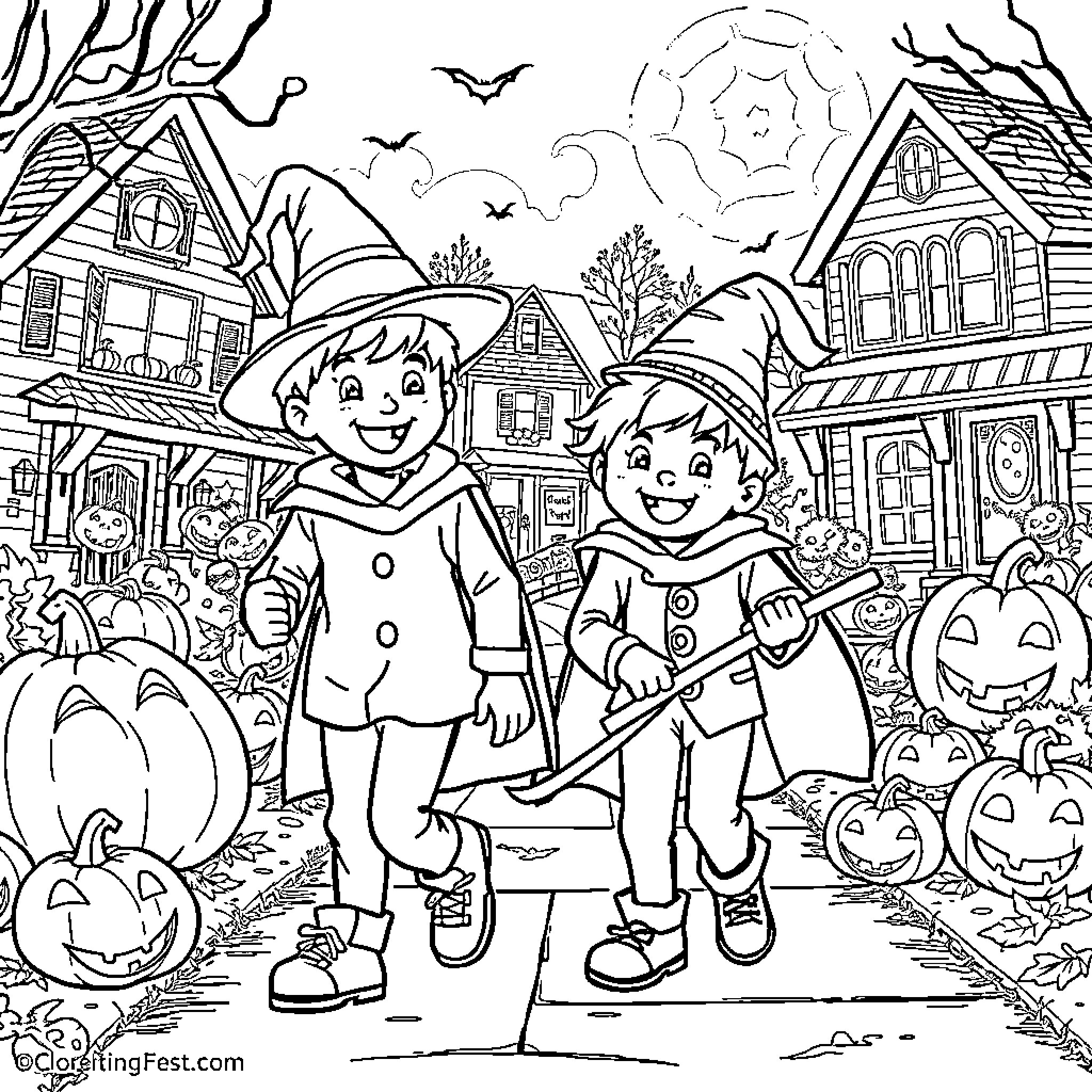 Wayne's Halloween Adventure in the Neighborhood Coloring Page (free black-and-white line drawing printable PDF for all, from beginners to advanced learners, including children, teens, adults, and seniors)