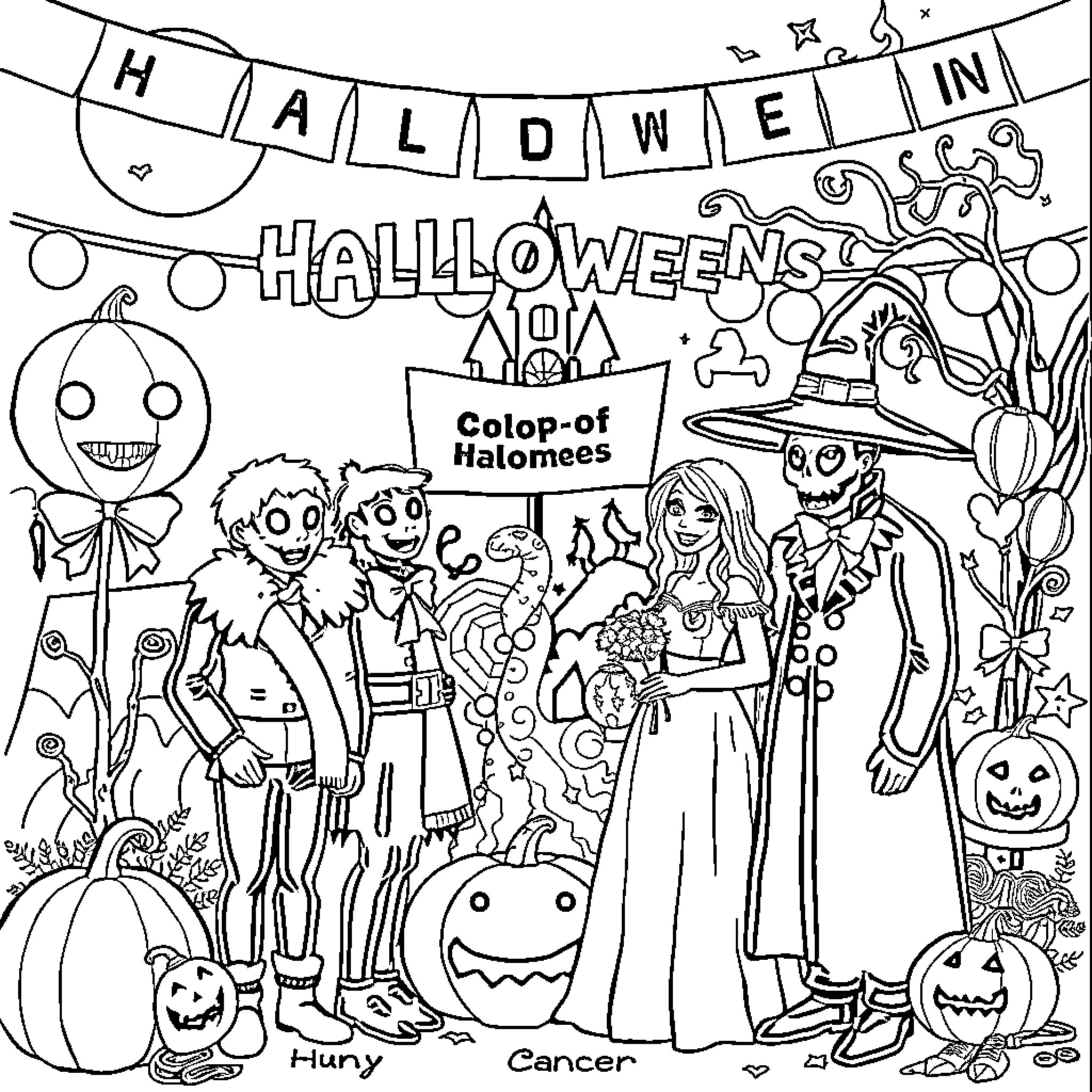 Breast Cancer Awareness: Celebrating Halloween costumes and characters Coloring Page (free black-and-white line drawing printable PDF for all, from beginners to advanced learners, including children, teens, adults, and seniors)
