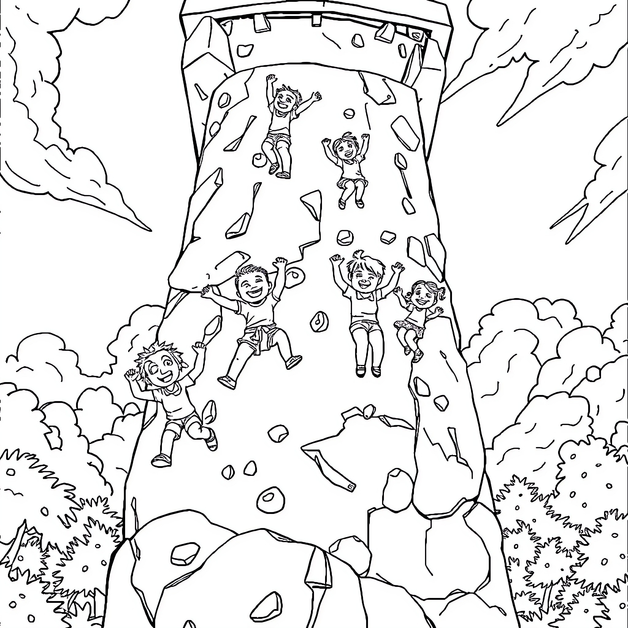 Kid enjoying outdoor rock climbing adventure Coloring Page (free black-and-white line drawing printable PDF for all, from beginners to advanced learners, including children, teens, adults, and seniors)