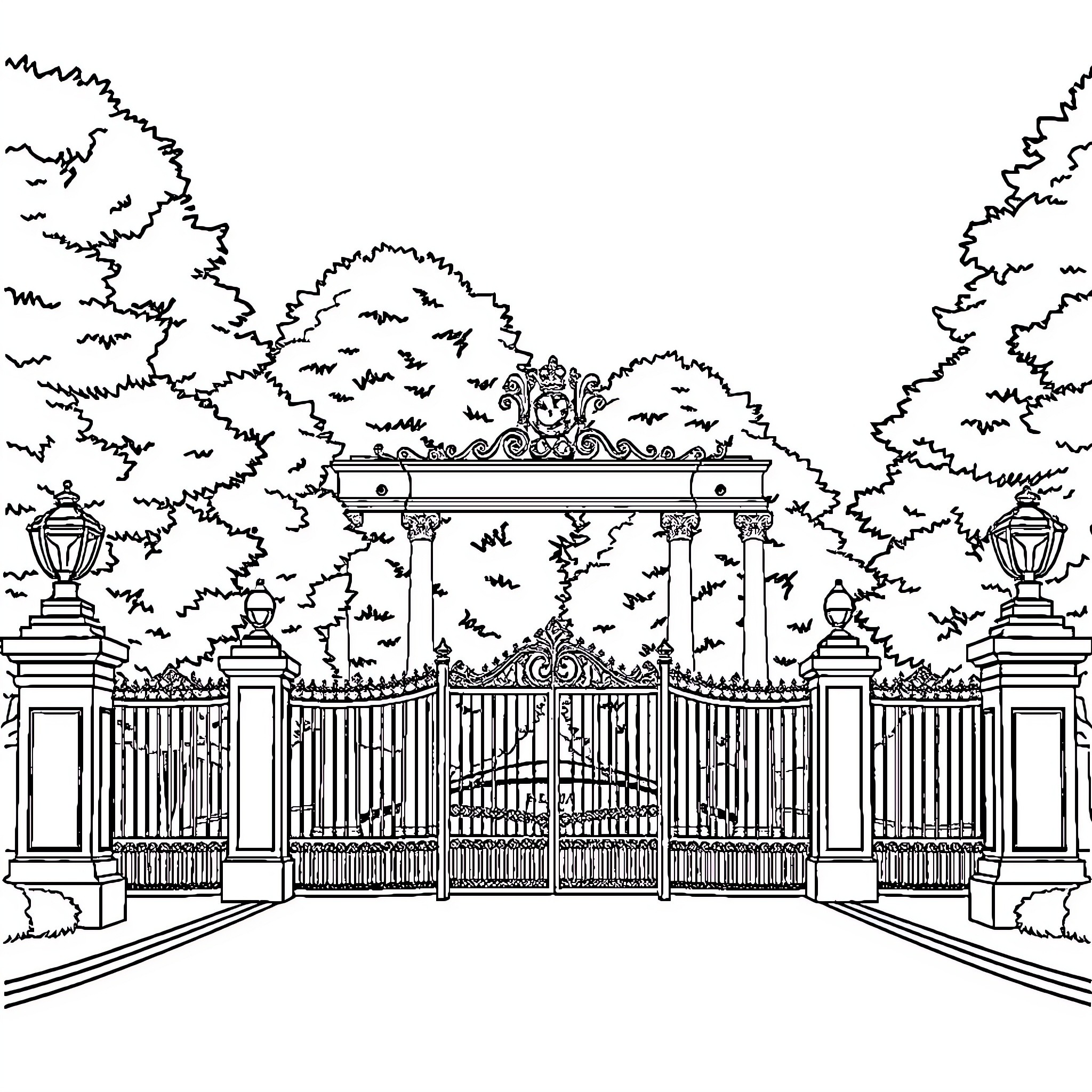 Park with ornate gates and landscaped foliage Coloring Page (free black-and-white line drawing printable PDF for all, from beginners to advanced learners, including children, teens, adults, and seniors)