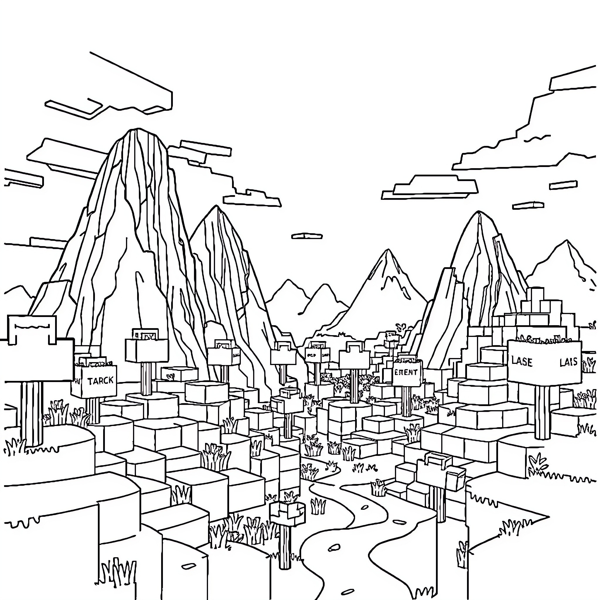 Minecraft mountainous landscape with structures Coloring Page (free black-and-white line drawing printable PDF for all, from beginners to advanced learners, including children, teens, adults, and seniors)