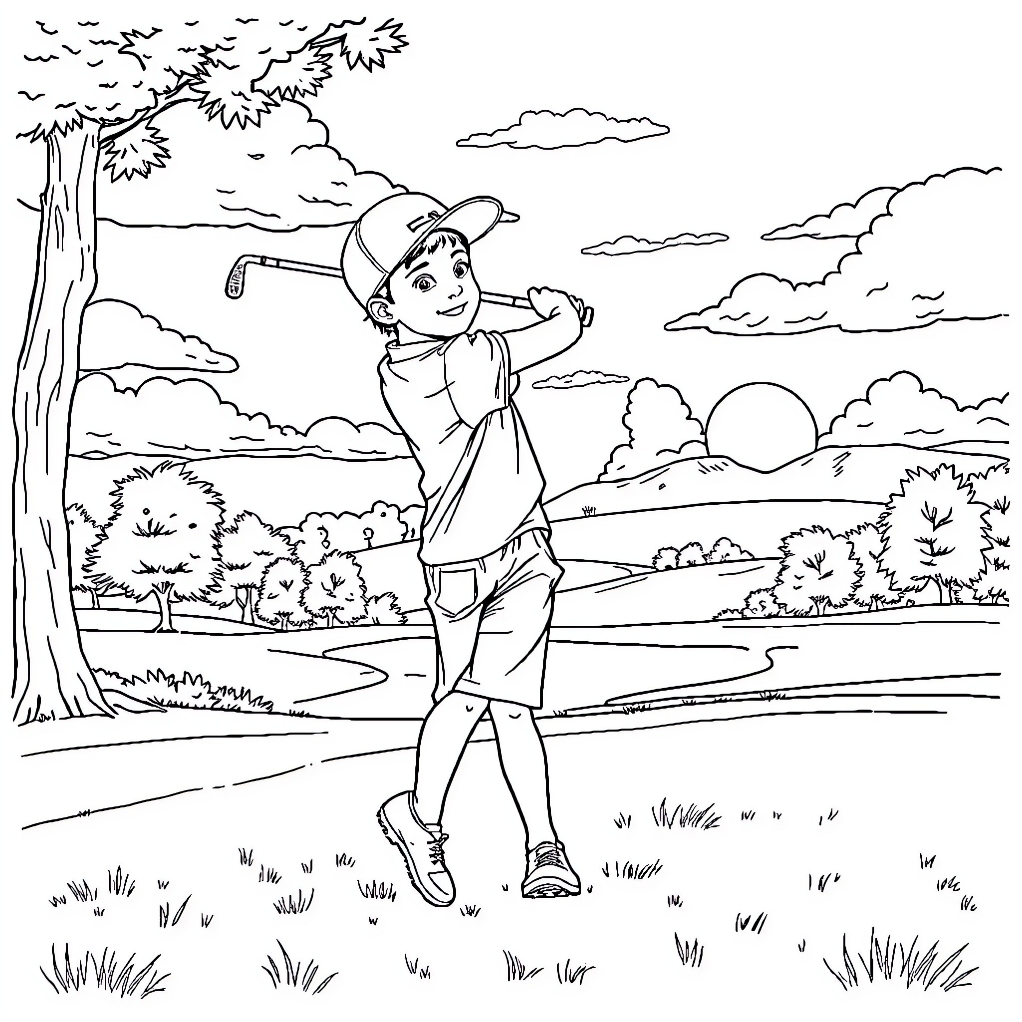 Nathan playing outdoors in nature Coloring Page (free black-and-white line drawing printable PDF for all, from beginners to advanced learners, including children, teens, adults, and seniors)