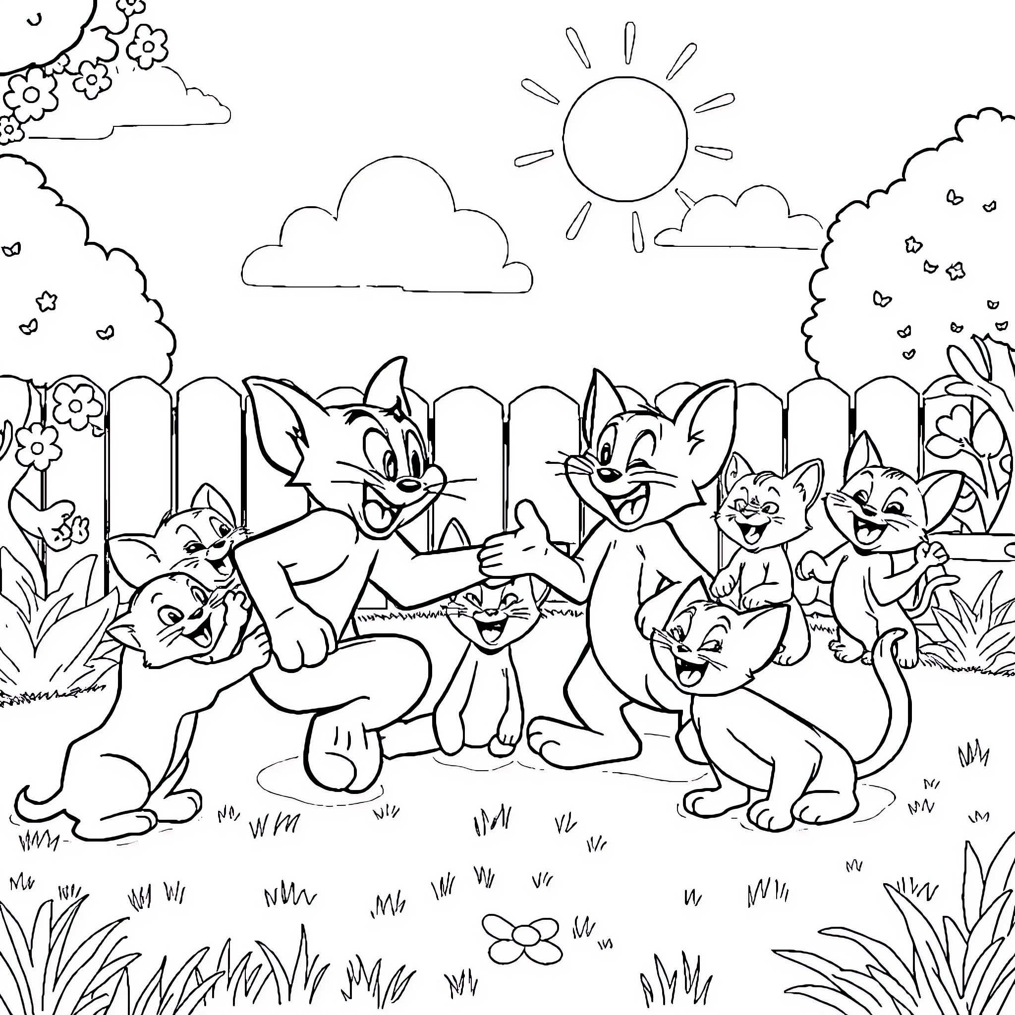 Tom and Jerry's Playful Adventure in the Countryside Coloring Page (free black-and-white line drawing printable PDF for all, from beginners to advanced learners, including children, teens, adults, and seniors)