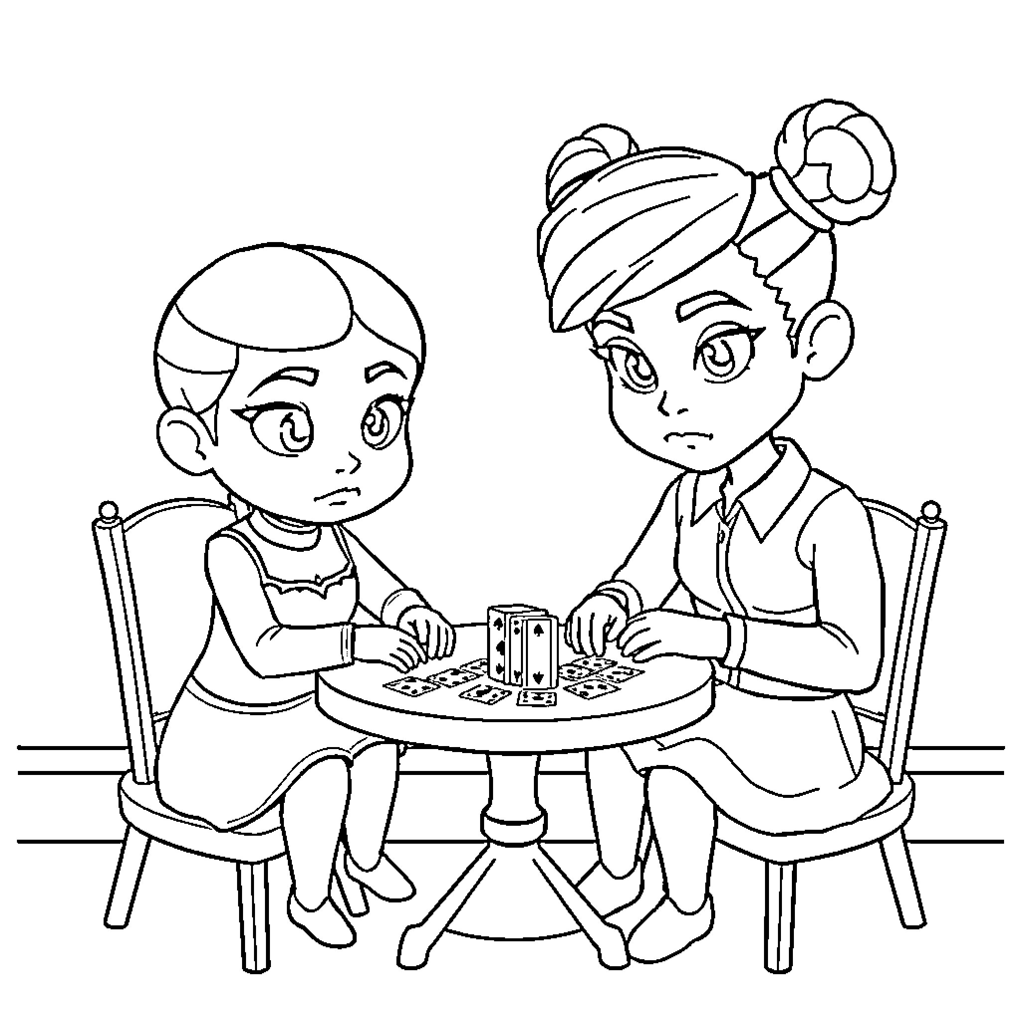 Gaby and her friend playing a game together Coloring Page (free black-and-white line drawing printable PDF for all, from beginners to advanced learners, including children, teens, adults, and seniors)