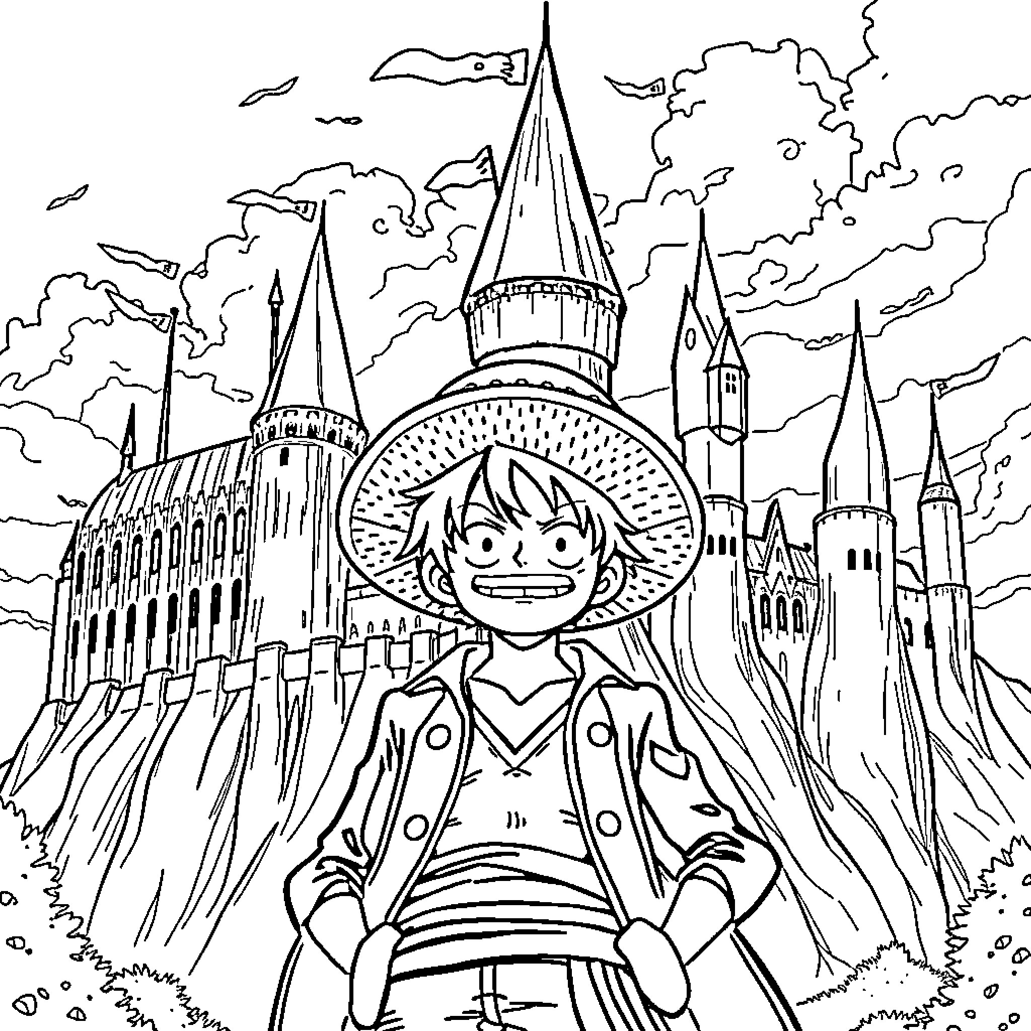 Straw Hat Luffy exploring magical castle scenery Coloring Page (free black-and-white line drawing printable PDF for all, from beginners to advanced learners, including children, teens, adults, and seniors)