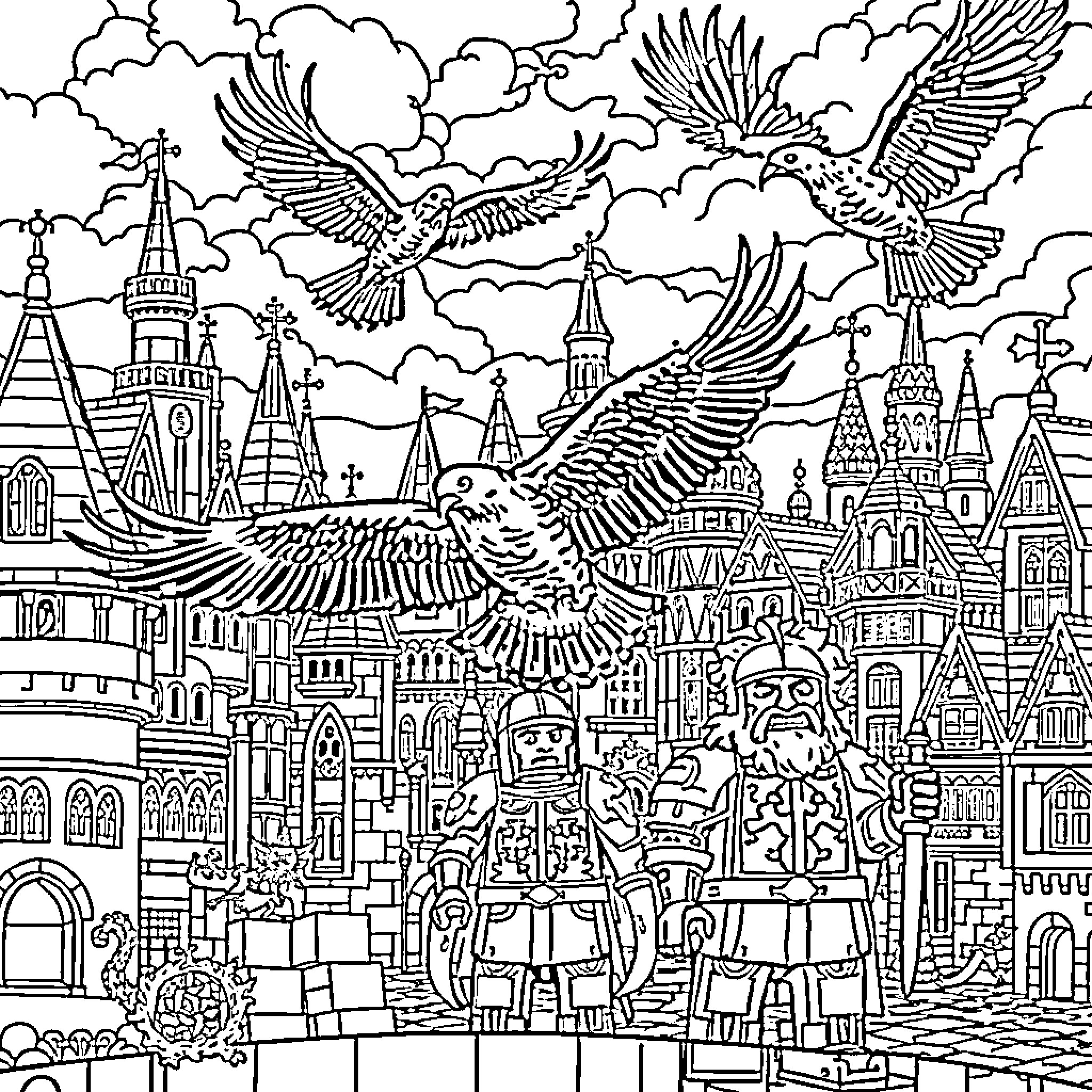 Knight's Aerial Encounter in the Fantastical City Coloring Page (free black-and-white line drawing printable PDF for all, from beginners to advanced learners, including children, teens, adults, and seniors)