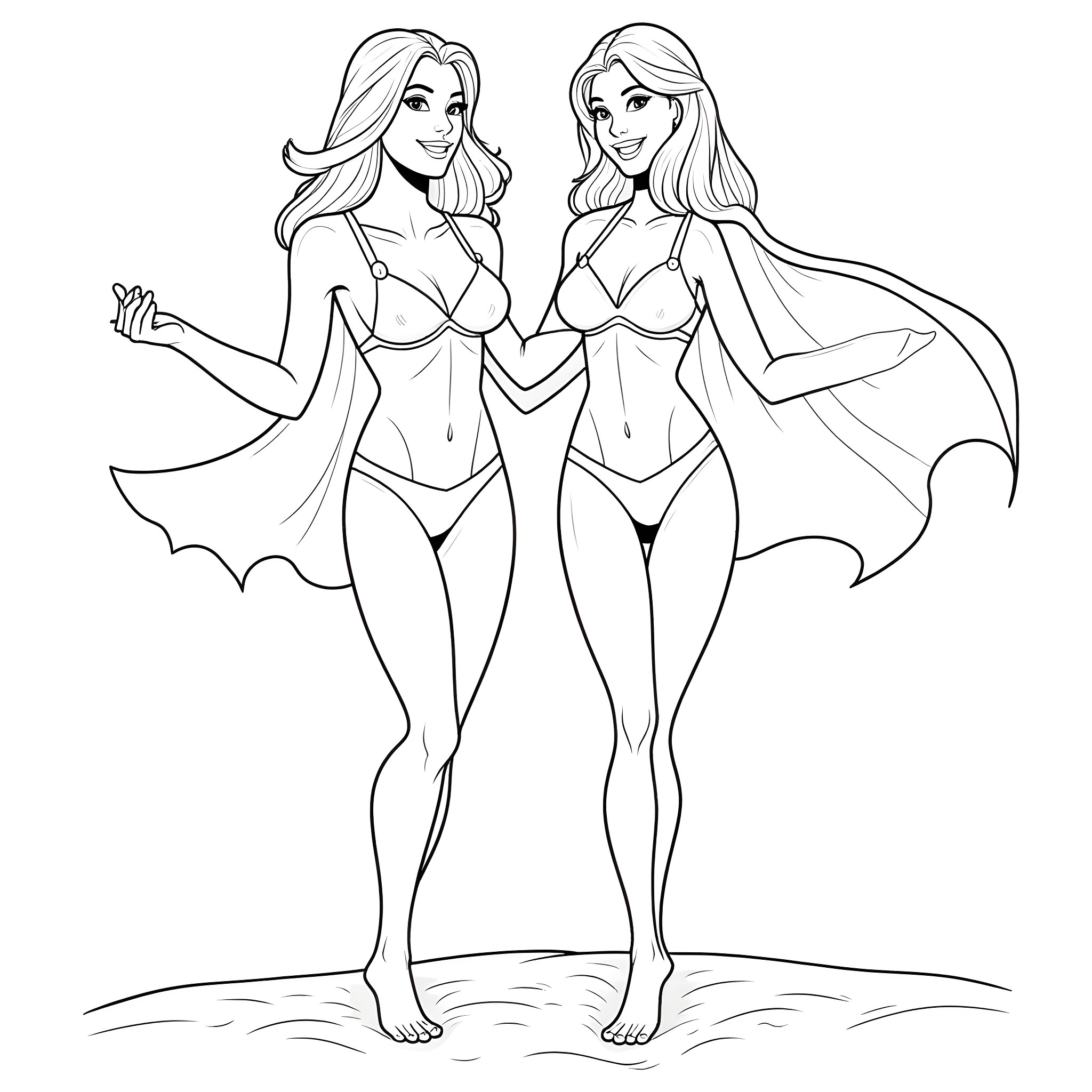 Batgirl heroines in action poses Coloring Page (free black-and-white line drawing printable PDF for all, from beginners to advanced learners, including children, teens, adults, and seniors)