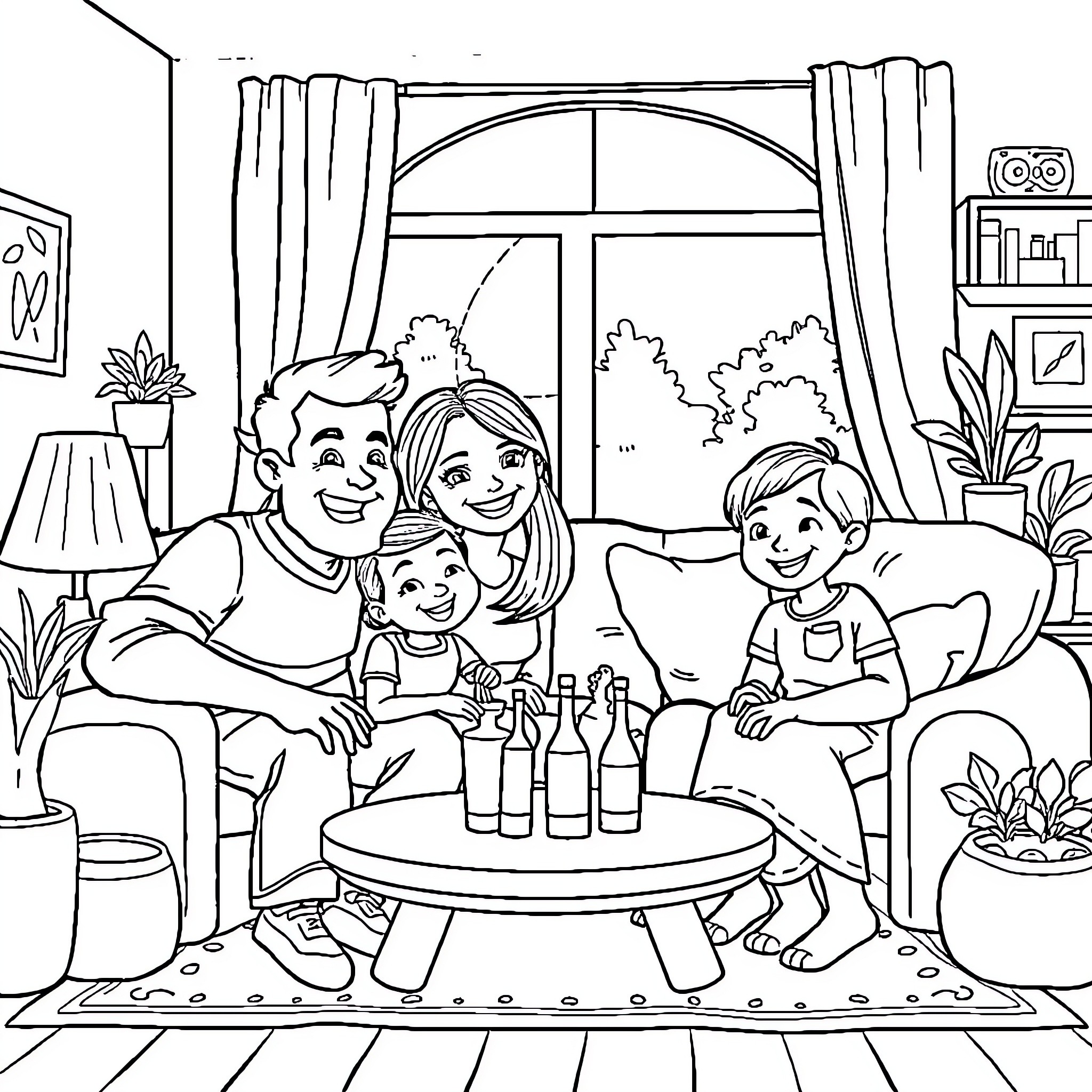 Family enjoying a cozy game night together Coloring Page (free black-and-white line drawing printable PDF for all, from beginners to advanced learners, including children, teens, adults, and seniors)