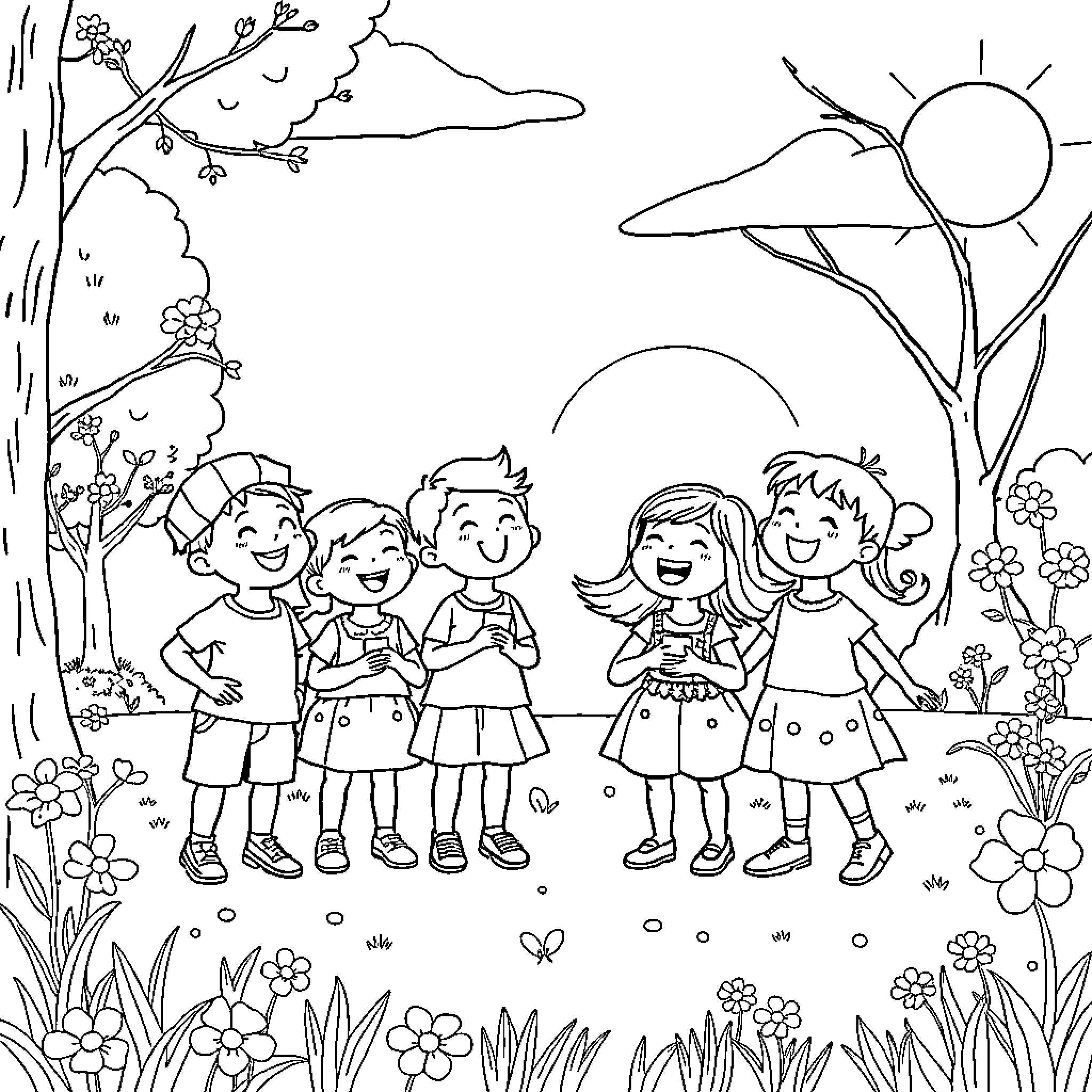Tralalero children playing joyfully in a flowery park Coloring Page (free black-and-white line drawing printable PDF for all, from beginners to advanced learners, including children, teens, adults, and seniors)