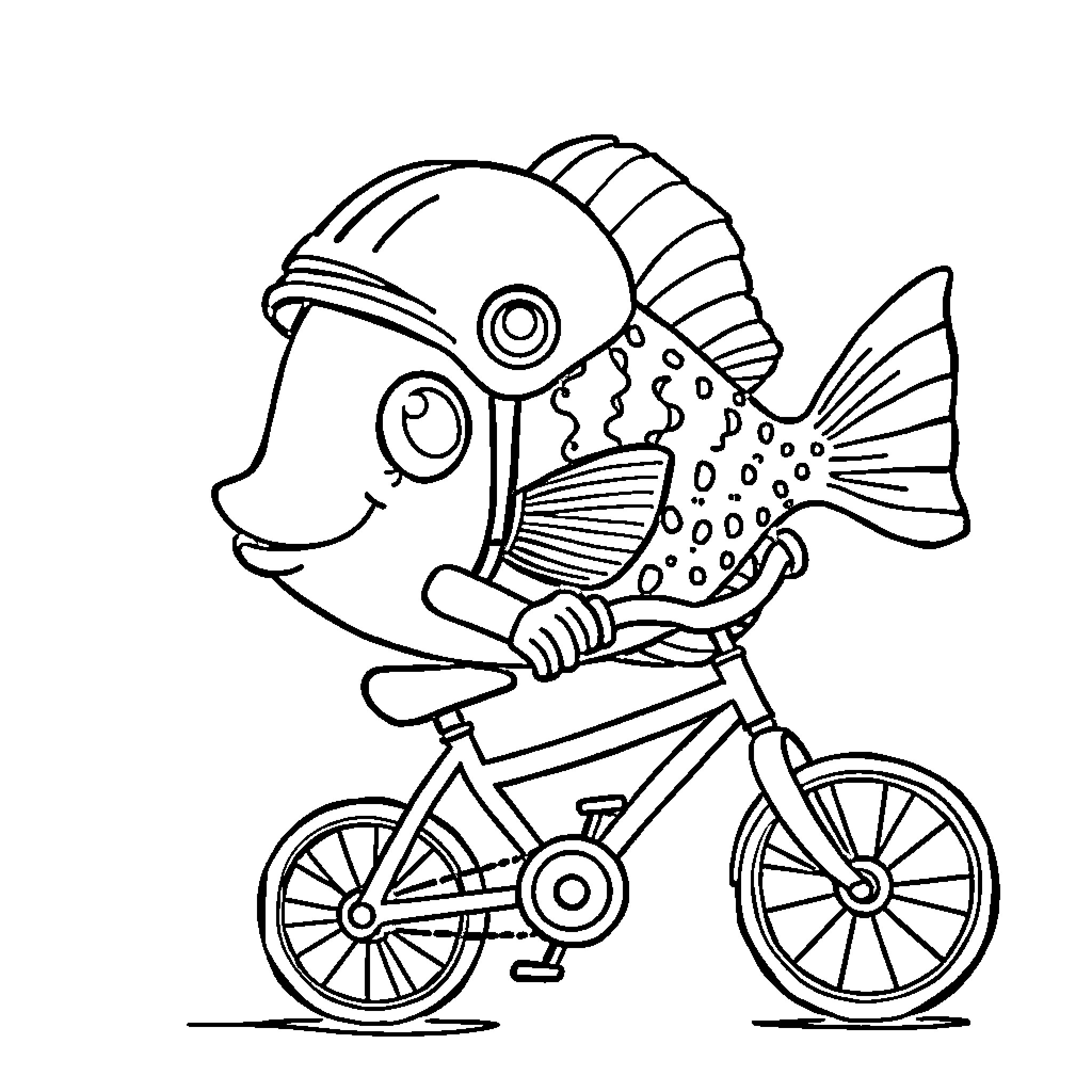Fish riding a bicycle Coloring Page (free black-and-white line drawing printable PDF for all, from beginners to advanced learners, including children, teens, adults, and seniors)