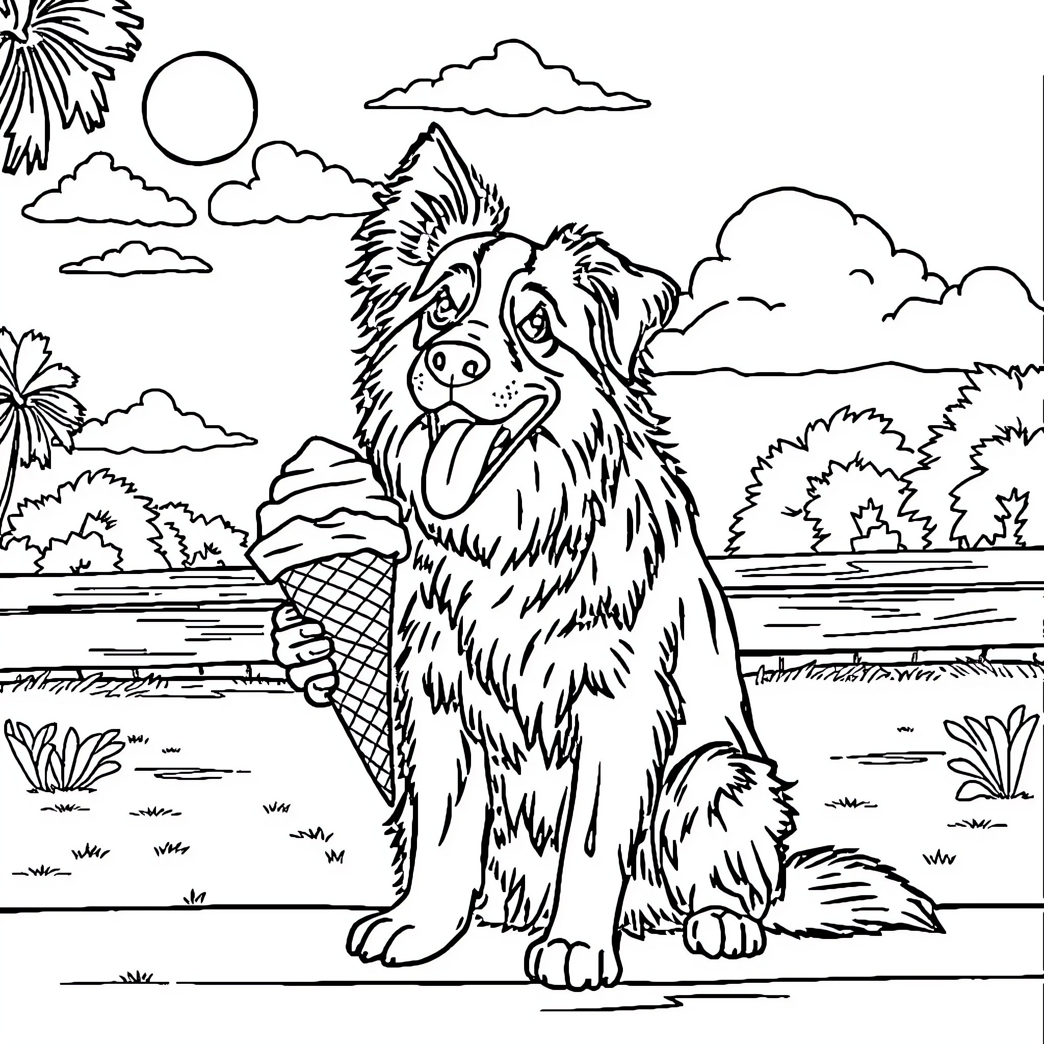 Australian Shepherd enjoying the outdoors Coloring Page (free black-and-white line drawing printable PDF for all, from beginners to advanced learners, including children, teens, adults, and seniors)