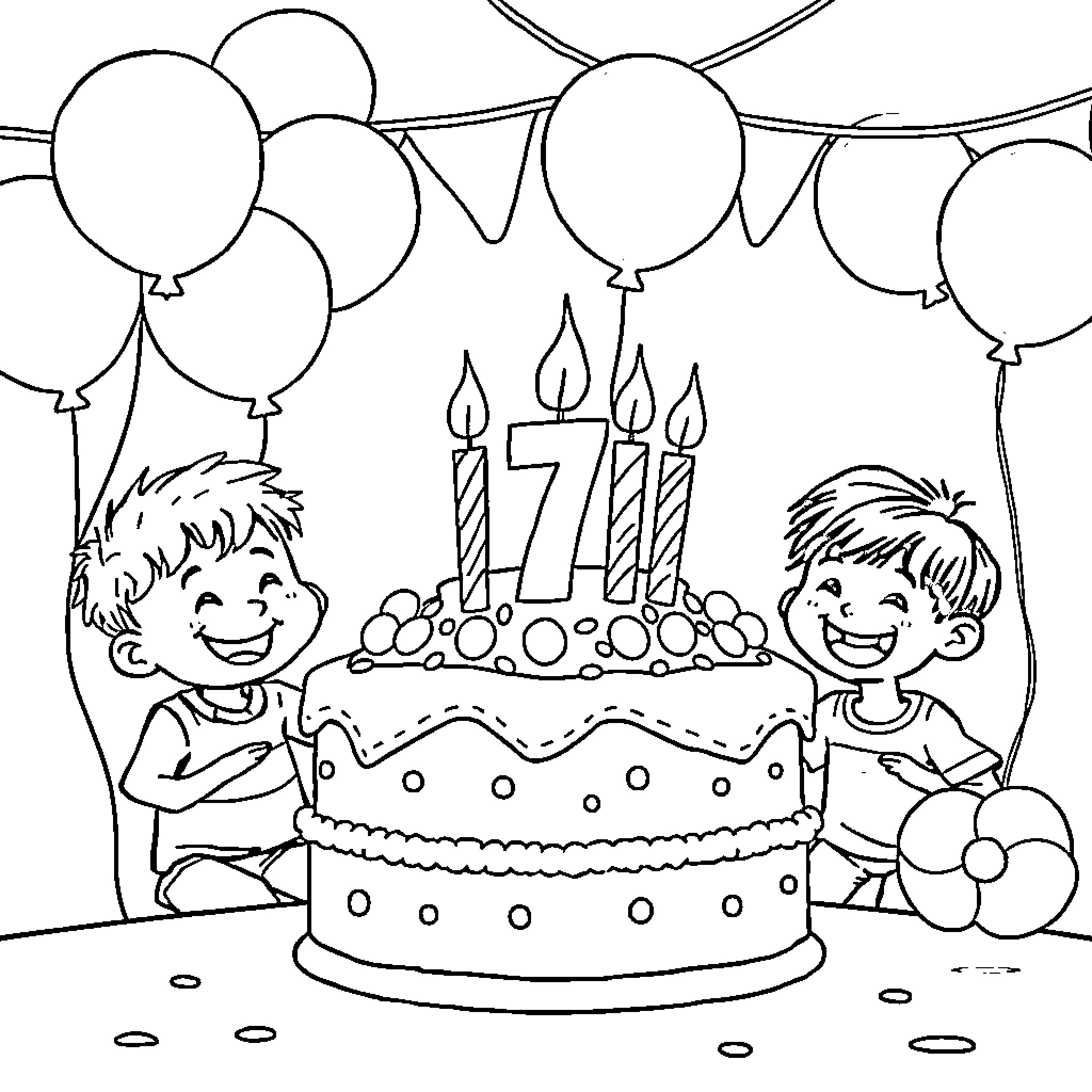 Birthday Celebration with Cake and Balloons Coloring Page (free black-and-white line drawing printable PDF for all, from beginners to advanced learners, including children, teens, adults, and seniors)