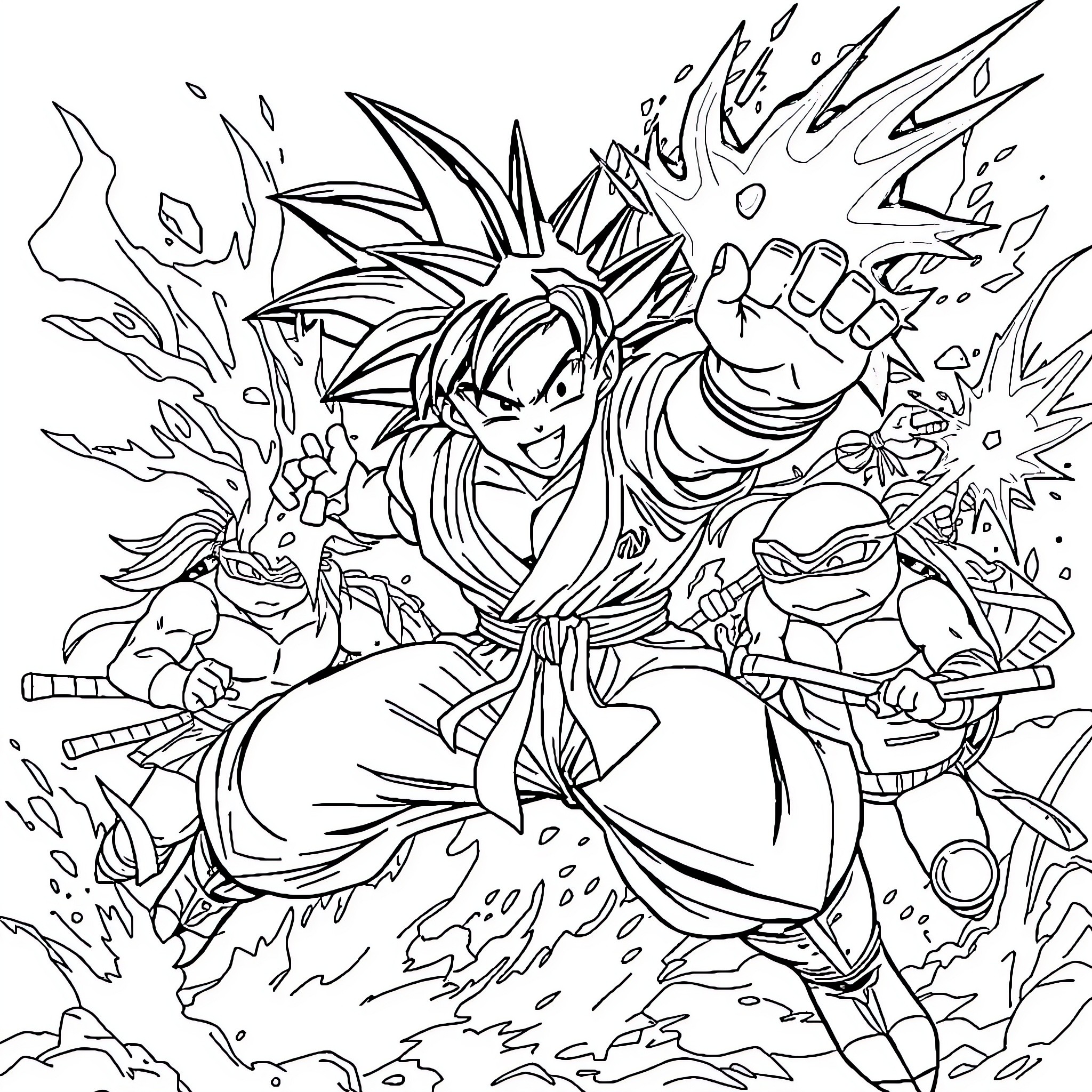 Goku Unleashing Powerful Energy Attack in Intense Battle Coloring Page (free black-and-white line drawing printable PDF for all, from beginners to advanced learners, including children, teens, adults, and seniors)