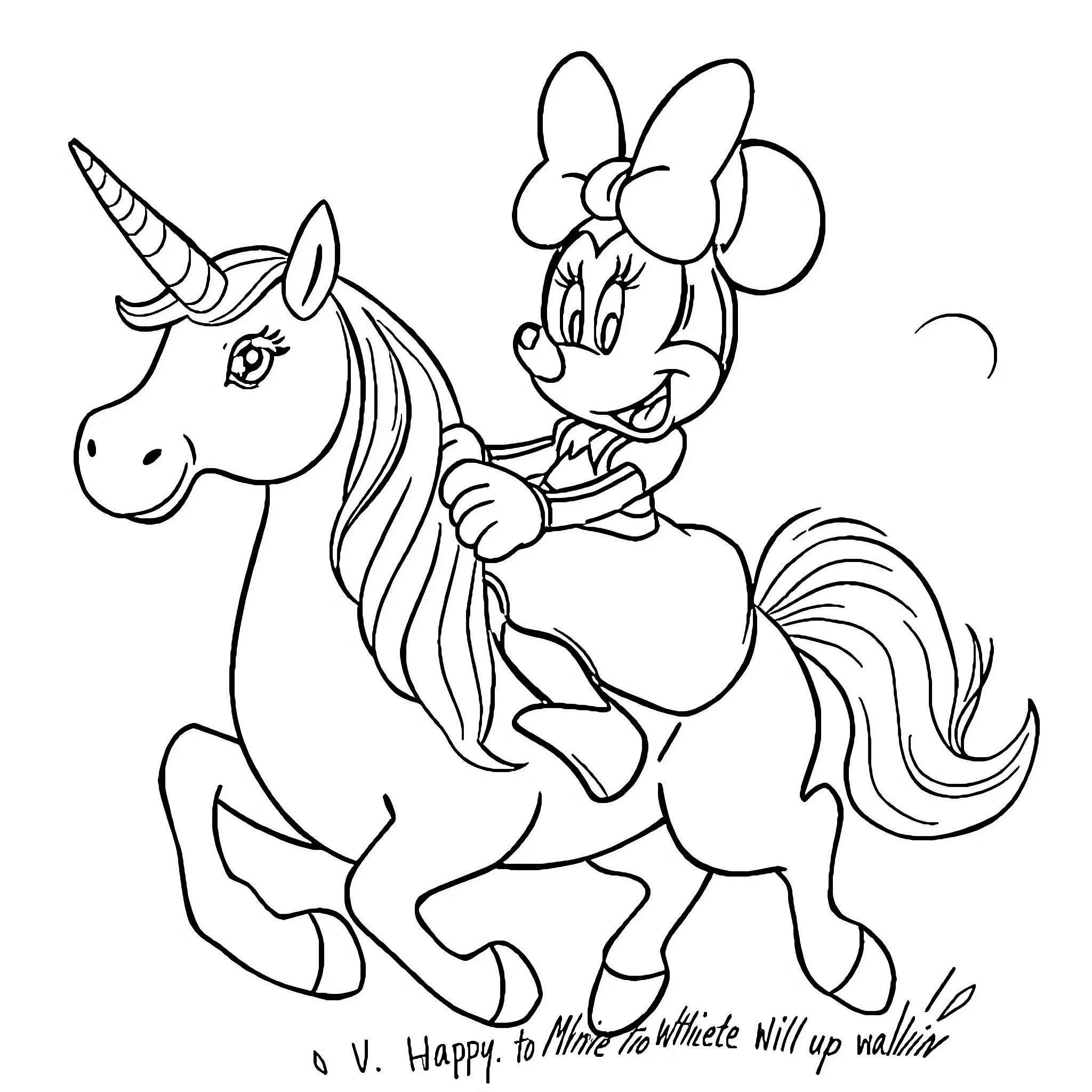 Minnie Mouse riding a unicorn Coloring Page (free black-and-white line drawing printable PDF for all, from beginners to advanced learners, including children, teens, adults, and seniors)