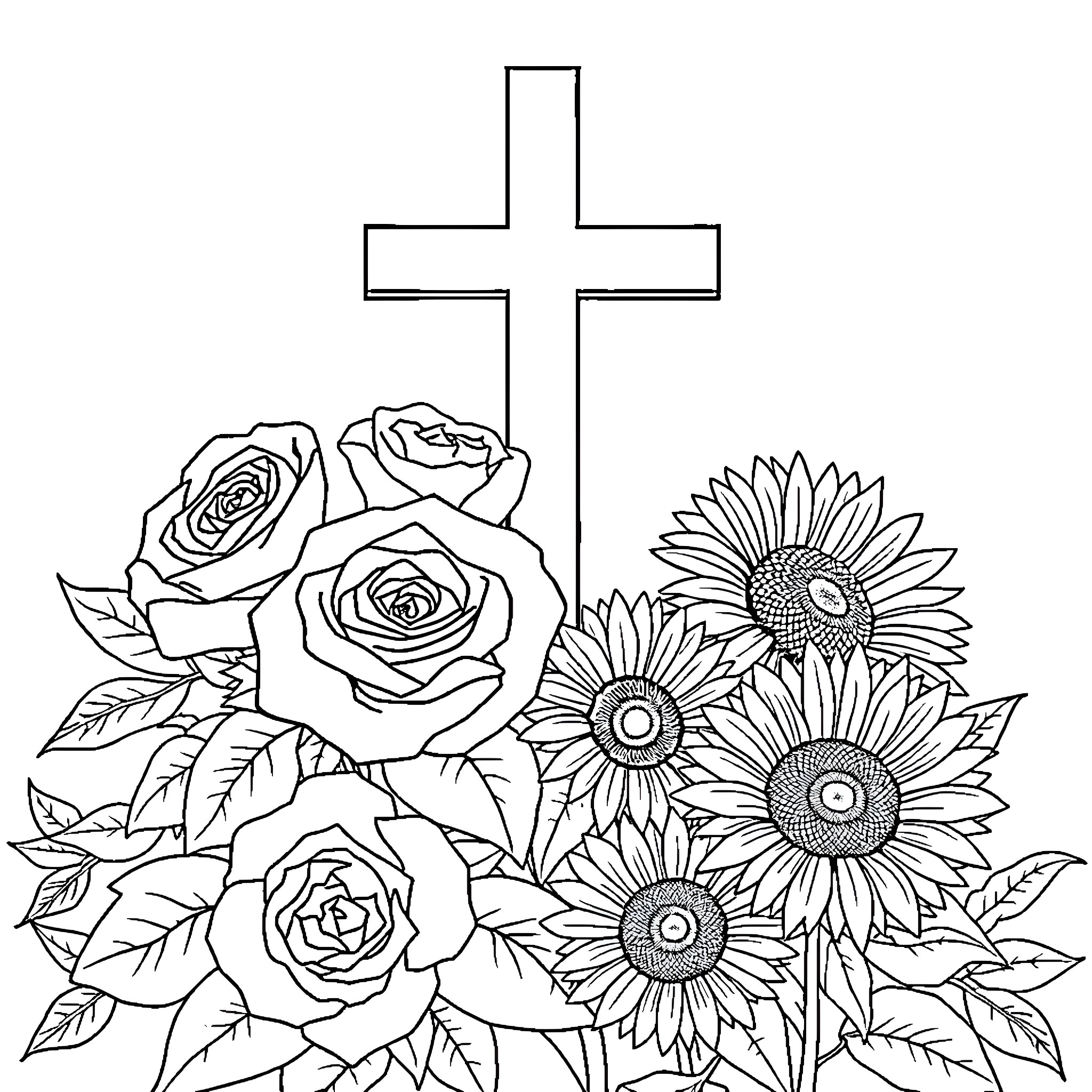 Rose Cross and Flower Garden Coloring Page (free black-and-white line drawing printable PDF for all, from beginners to advanced learners, including children, teens, adults, and seniors)