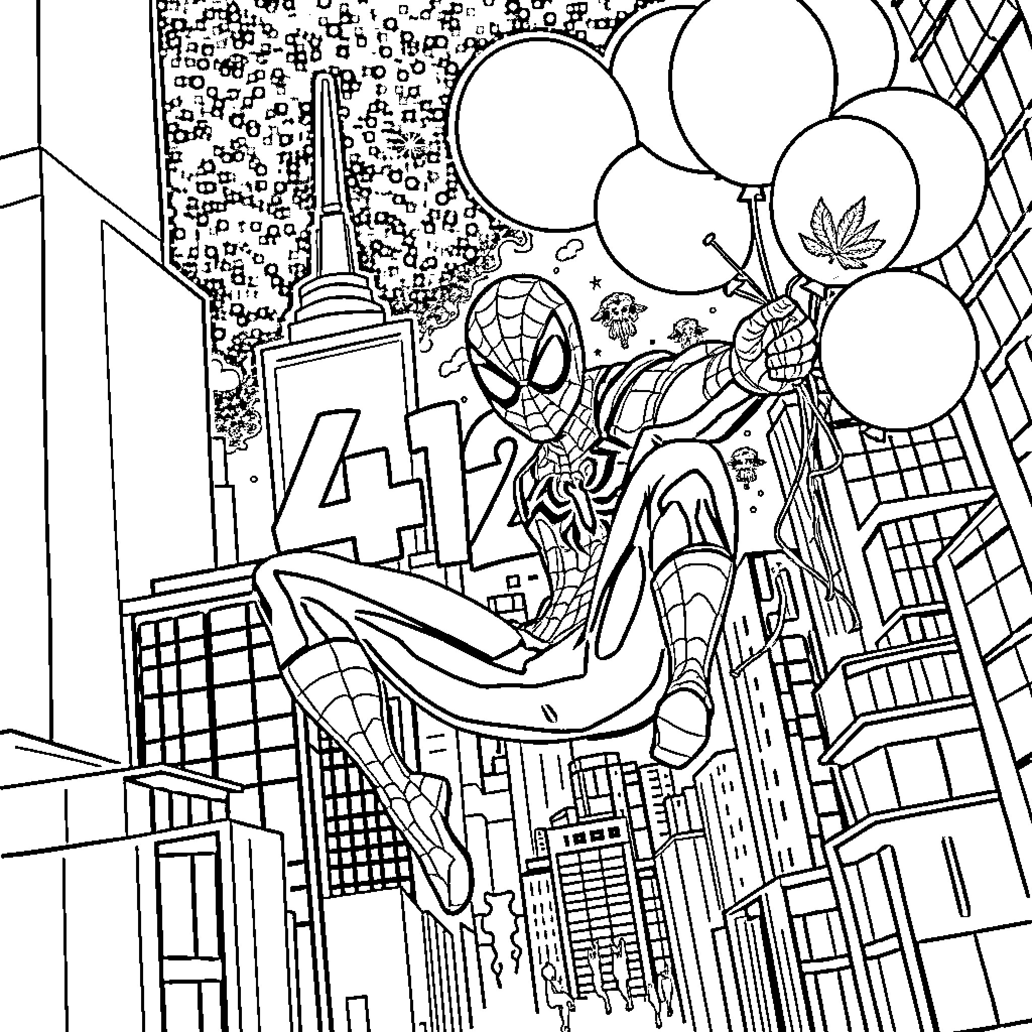 Spider-Man swinging through the city skyline Coloring Page (free black-and-white line drawing printable PDF for all, from beginners to advanced learners, including children, teens, adults, and seniors)