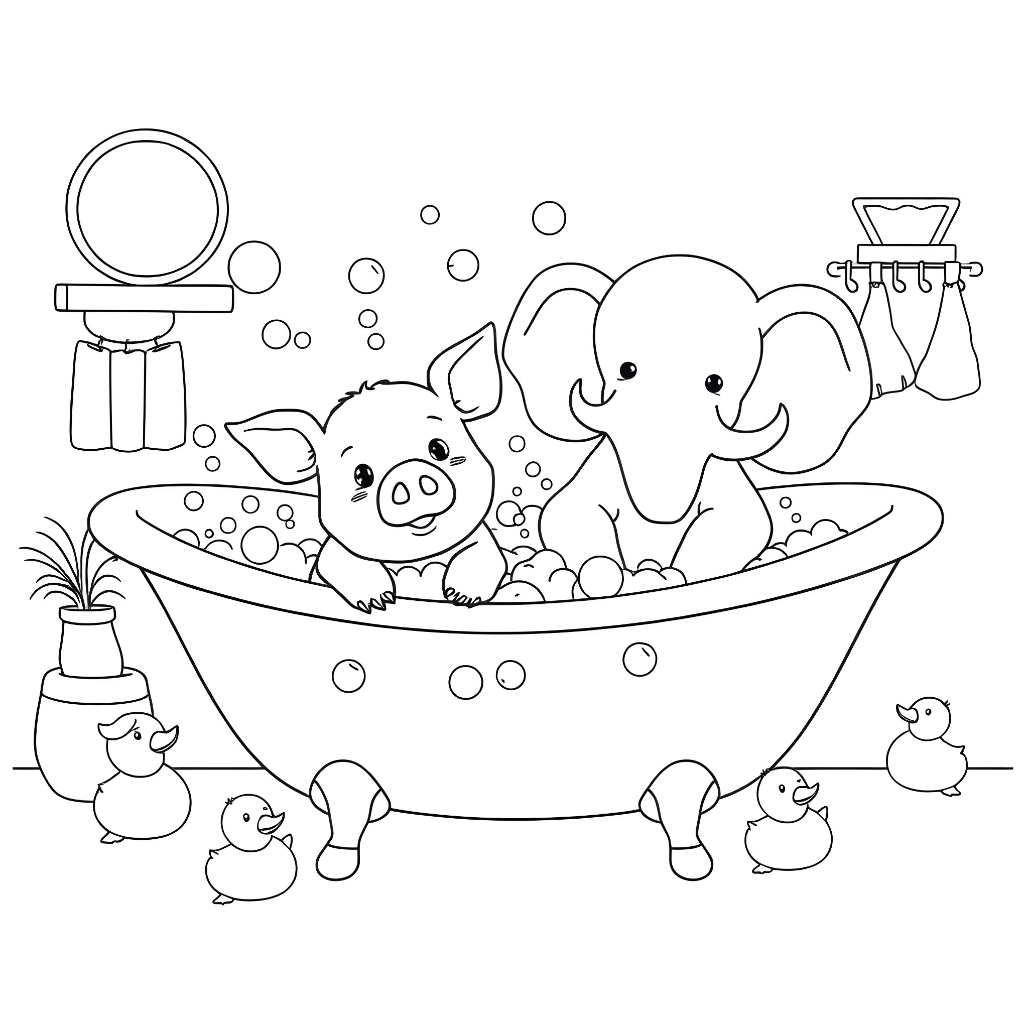 Pig, Elephant, and Friends Enjoy Bubble Bath Coloring Page (free black-and-white line drawing printable PDF for all, from beginners to advanced learners, including children, teens, adults, and seniors)
