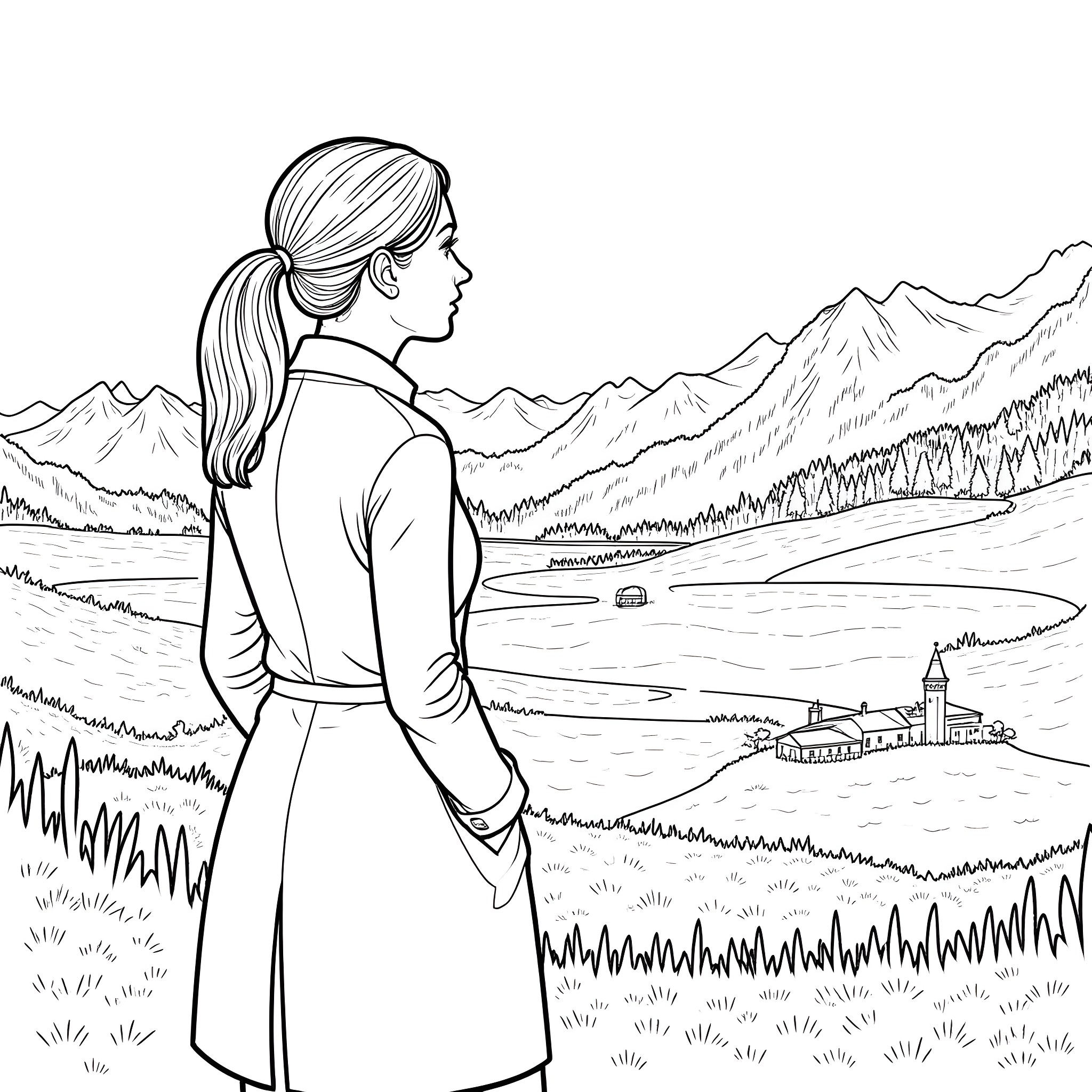 Woman enjoying scenic mountain landscape Coloring Page (free black-and-white line drawing printable PDF for all, from beginners to advanced learners, including children, teens, adults, and seniors)
