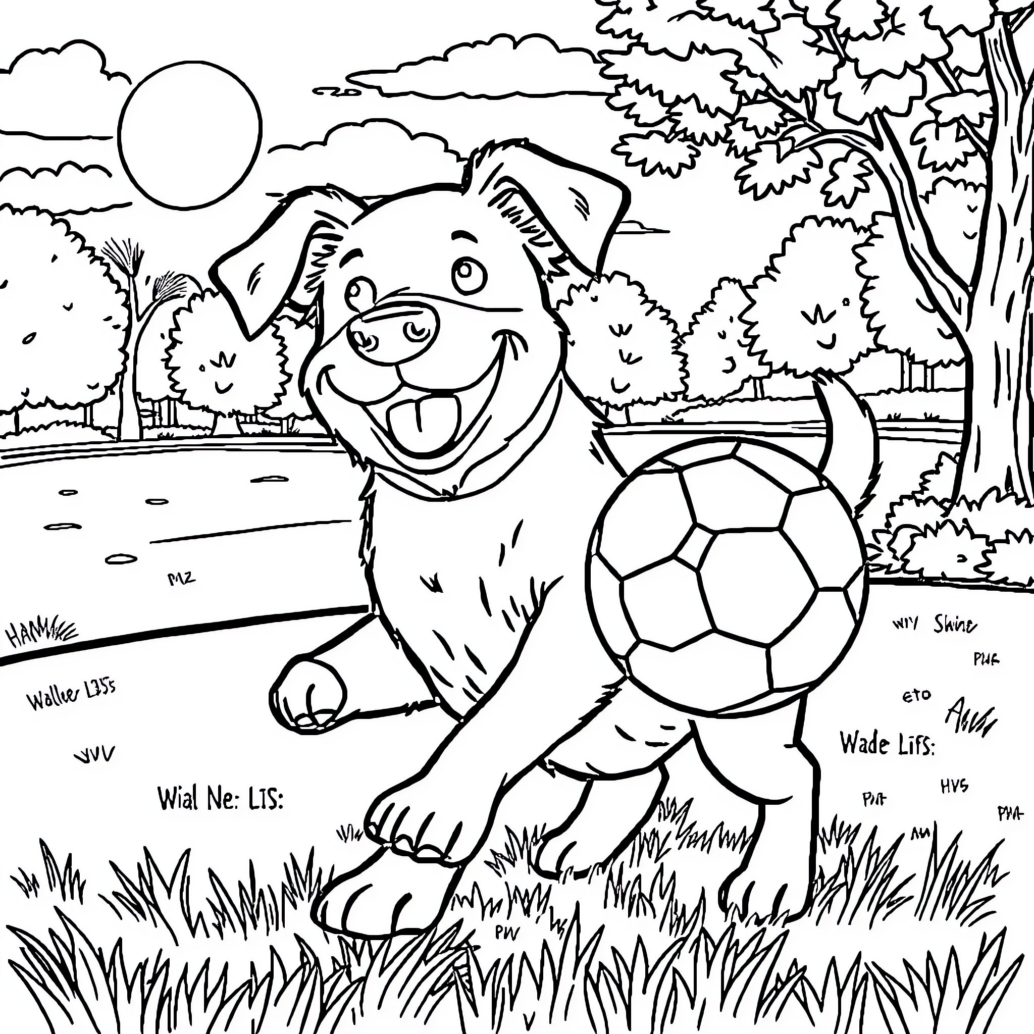 Dog playing with soccer ball in the park Coloring Page (free black-and-white line drawing printable PDF for all, from beginners to advanced learners, including children, teens, adults, and seniors)