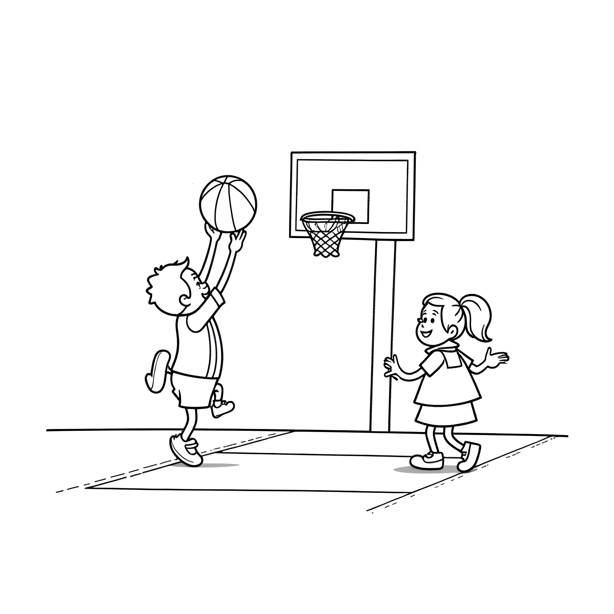 Ronald McDonald playing basketball with a young girl Coloring Page (free black-and-white line drawing printable PDF for all, from beginners to advanced learners, including children, teens, adults, and seniors)