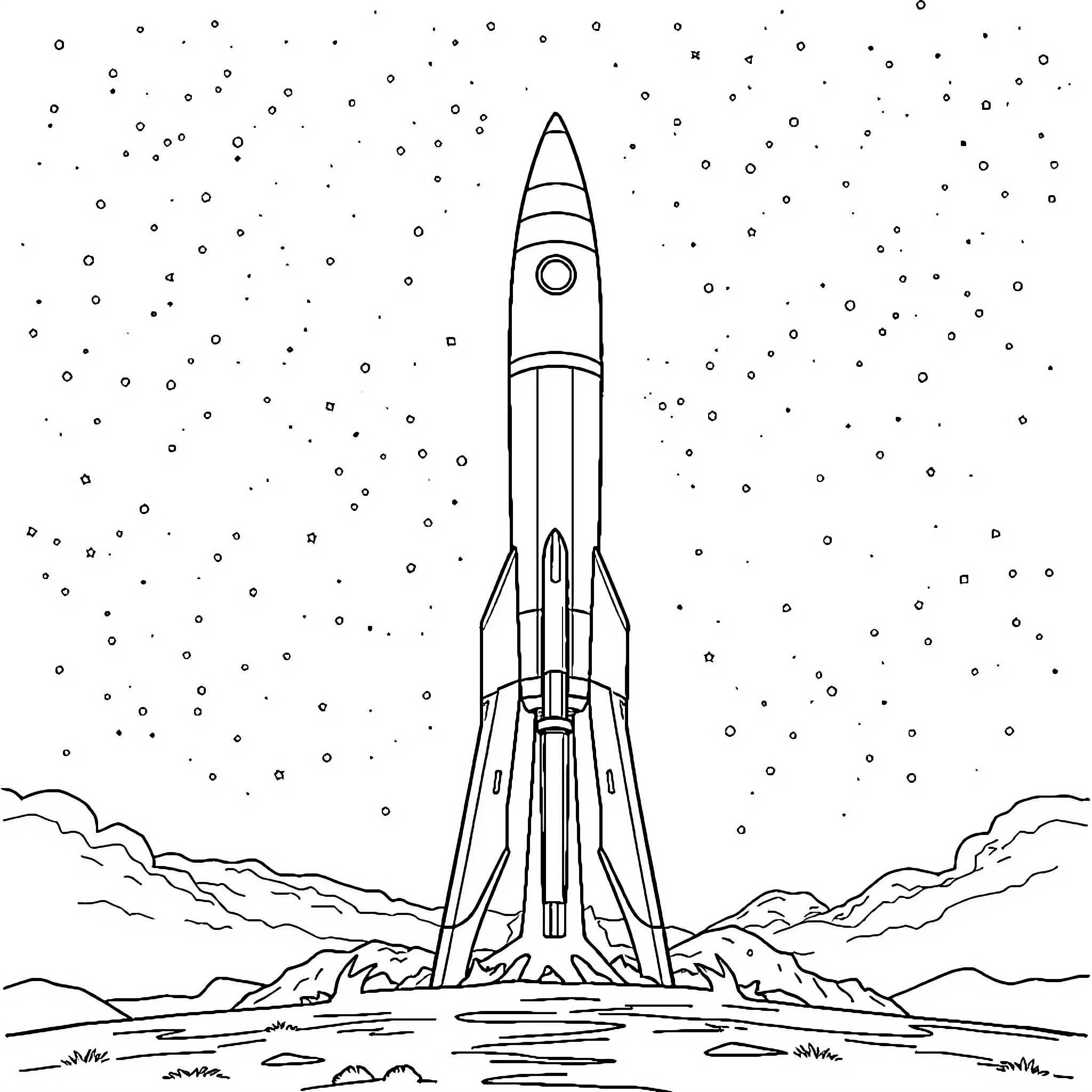 Space Rocket launching into the cosmos Coloring Page (free black-and-white line drawing printable PDF for all, from beginners to advanced learners, including children, teens, adults, and seniors)