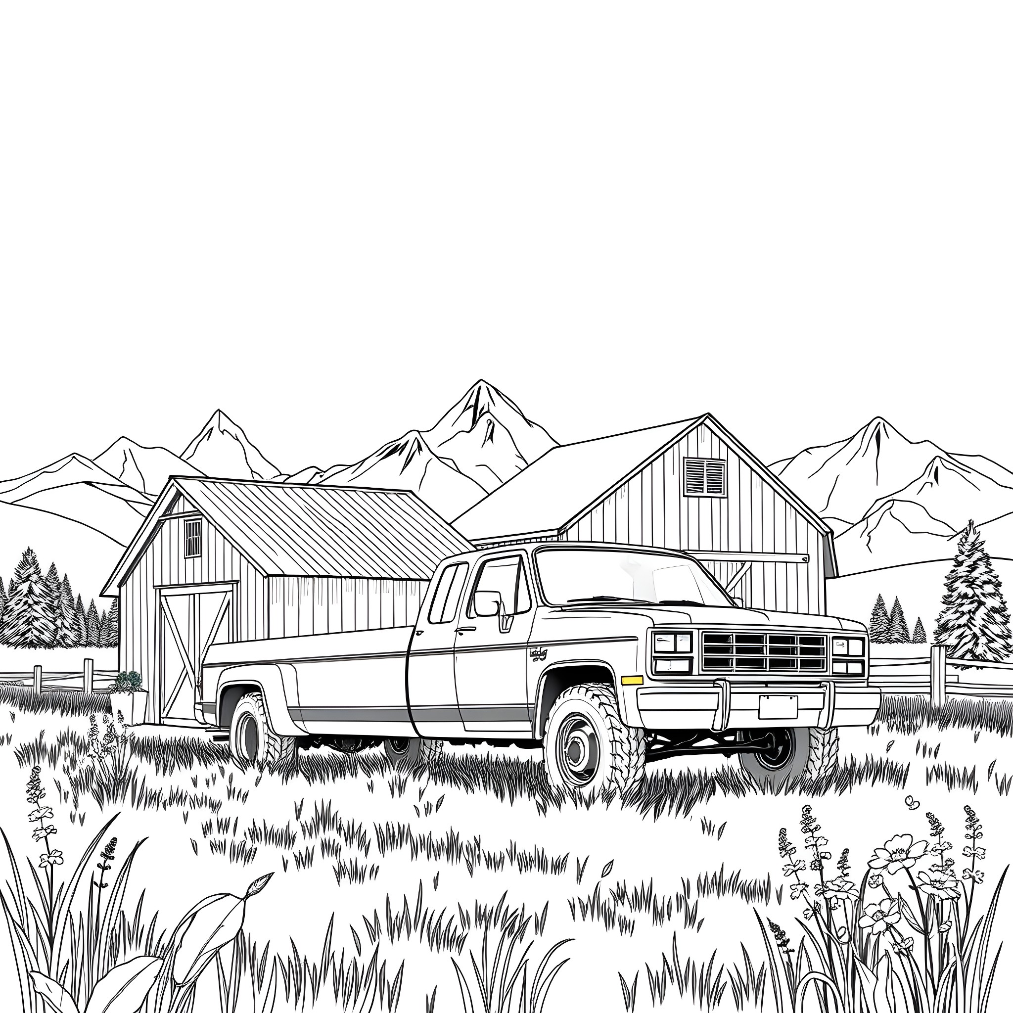 Truck parked in a rural mountain landscape Coloring Page (free black-and-white line drawing printable PDF for all, from beginners to advanced learners, including children, teens, adults, and seniors)