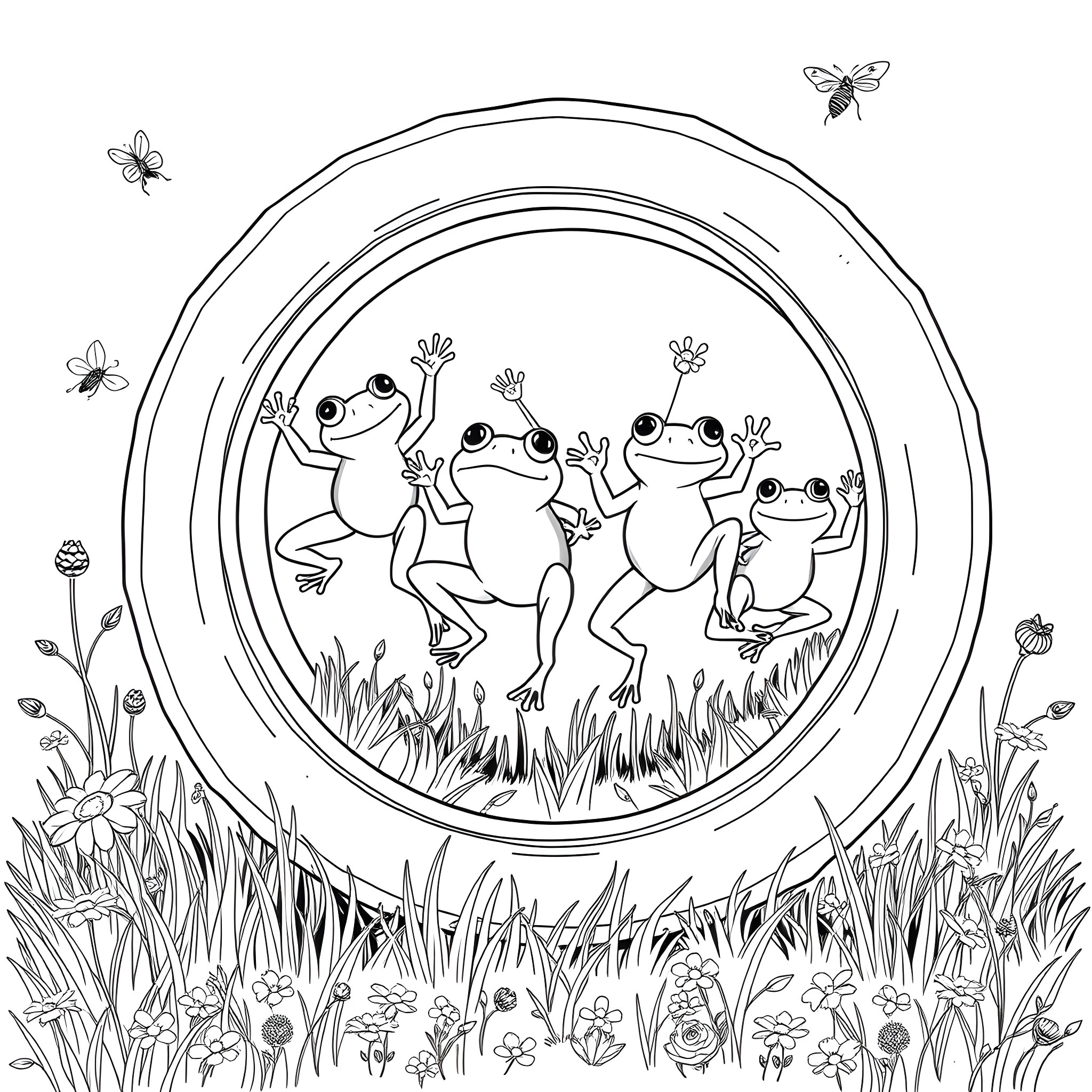 Frogs Jumping and Playing in Nature Coloring Page (free black-and-white line drawing printable PDF for all, from beginners to advanced learners, including children, teens, adults, and seniors)