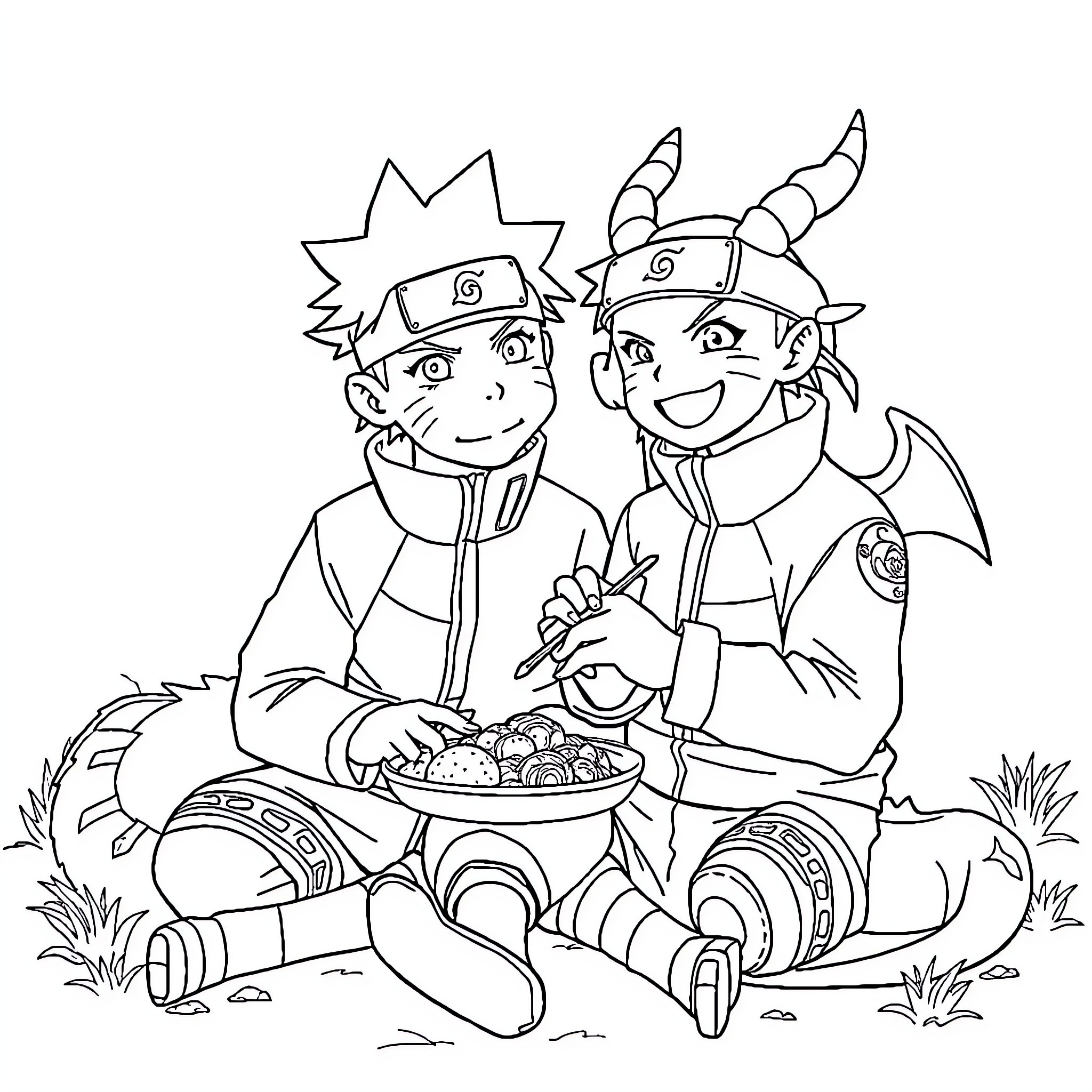 Naruto and Kiba enjoying a meal together Coloring Page (free black-and-white line drawing printable PDF for all, from beginners to advanced learners, including children, teens, adults, and seniors)