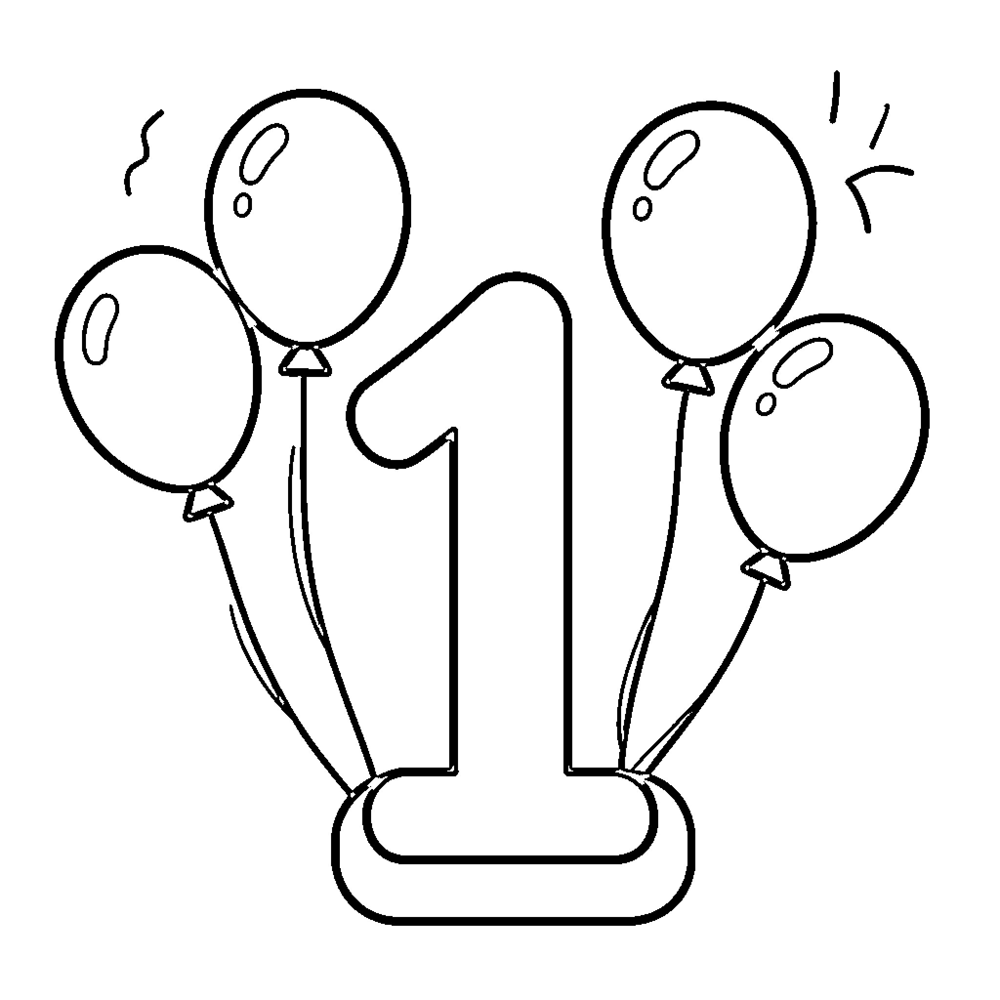Number One with Floating Balloons Coloring Page (free black-and-white line drawing printable PDF for all, from beginners to advanced learners, including children, teens, adults, and seniors)