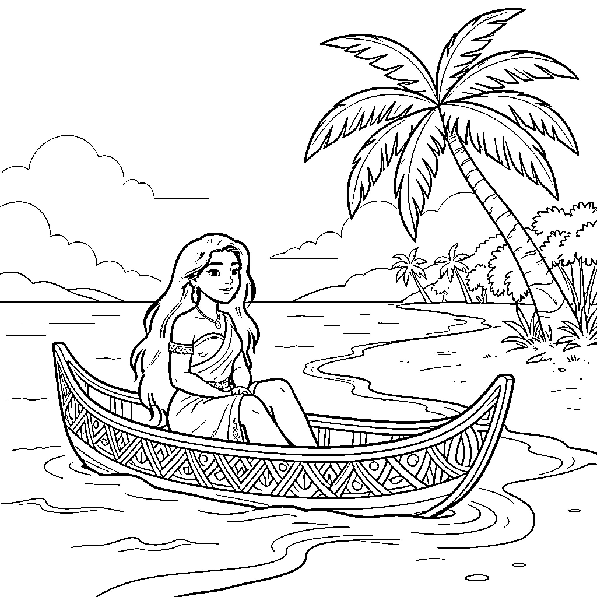 Vaiana sitting peacefully in a boat near the shore Coloring Page (free black-and-white line drawing printable PDF for all, from beginners to advanced learners, including children, teens, adults, and seniors)