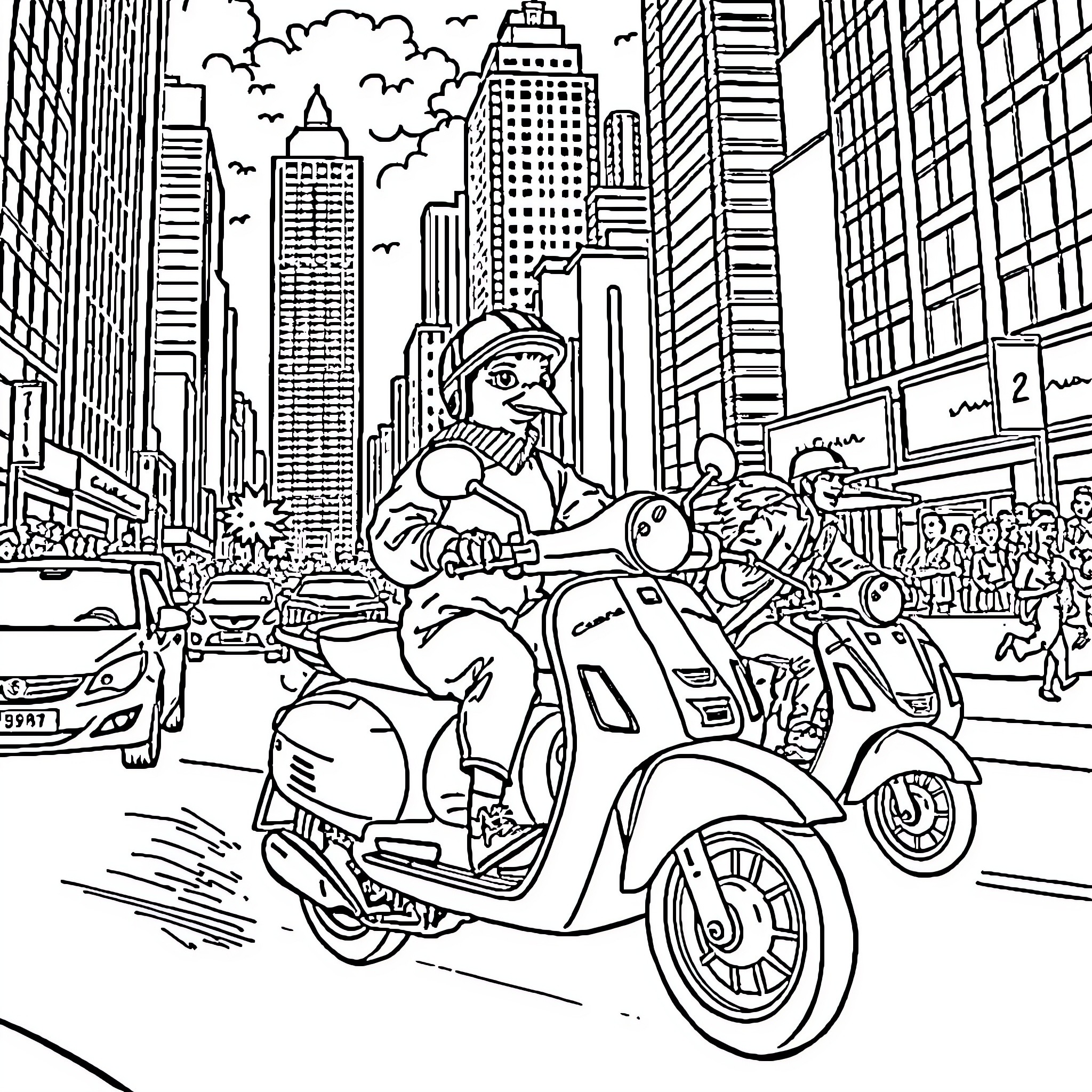 Pigeon riding scooter through busy city streets Coloring Page (free black-and-white line drawing printable PDF for all, from beginners to advanced learners, including children, teens, adults, and seniors)