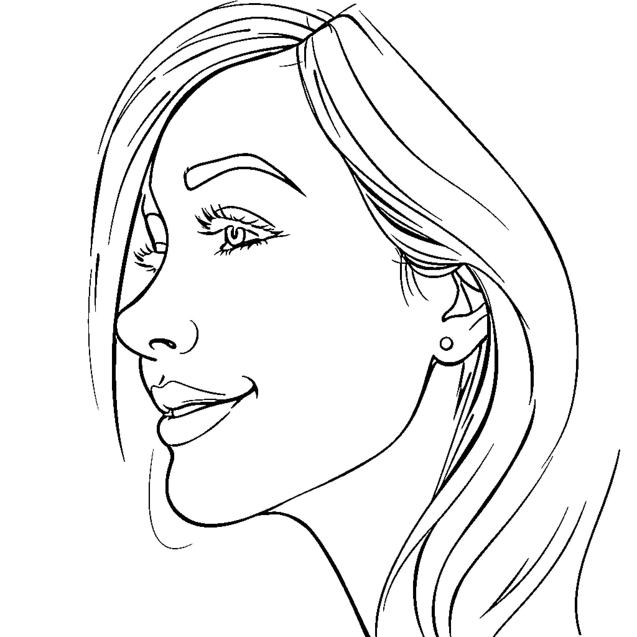 Woman with smiling expression and flowing hair Coloring Page (free black-and-white line drawing printable PDF for all, from beginners to advanced learners, including children, teens, adults, and seniors)