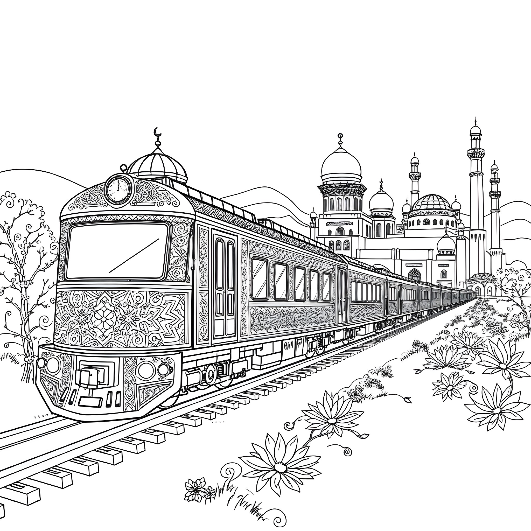 Train passing through ornate landscapes and architecture Coloring Page (free black-and-white line drawing printable PDF for all, from beginners to advanced learners, including children, teens, adults, and seniors)