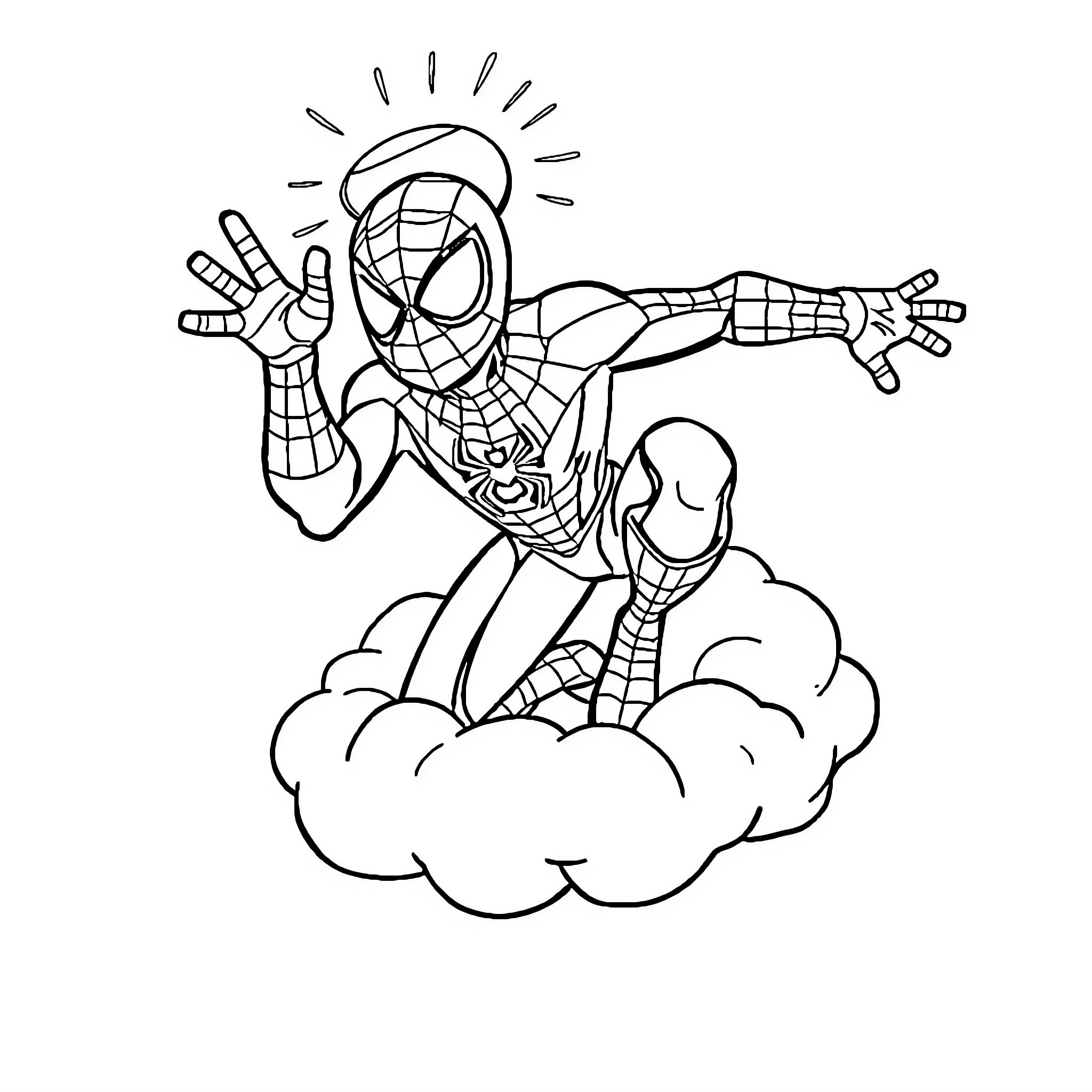 Spiderman jumping in the clouds with web shooters Coloring Page (free black-and-white line drawing printable PDF for all, from beginners to advanced learners, including children, teens, adults, and seniors)